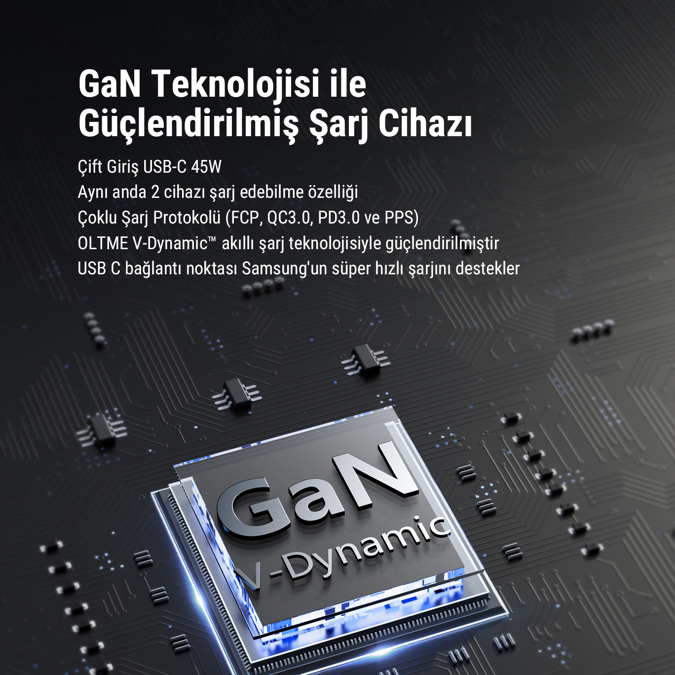 GaN teknolojisi ve USB-C bağlantı noktalarına sahip şarj cihazı.