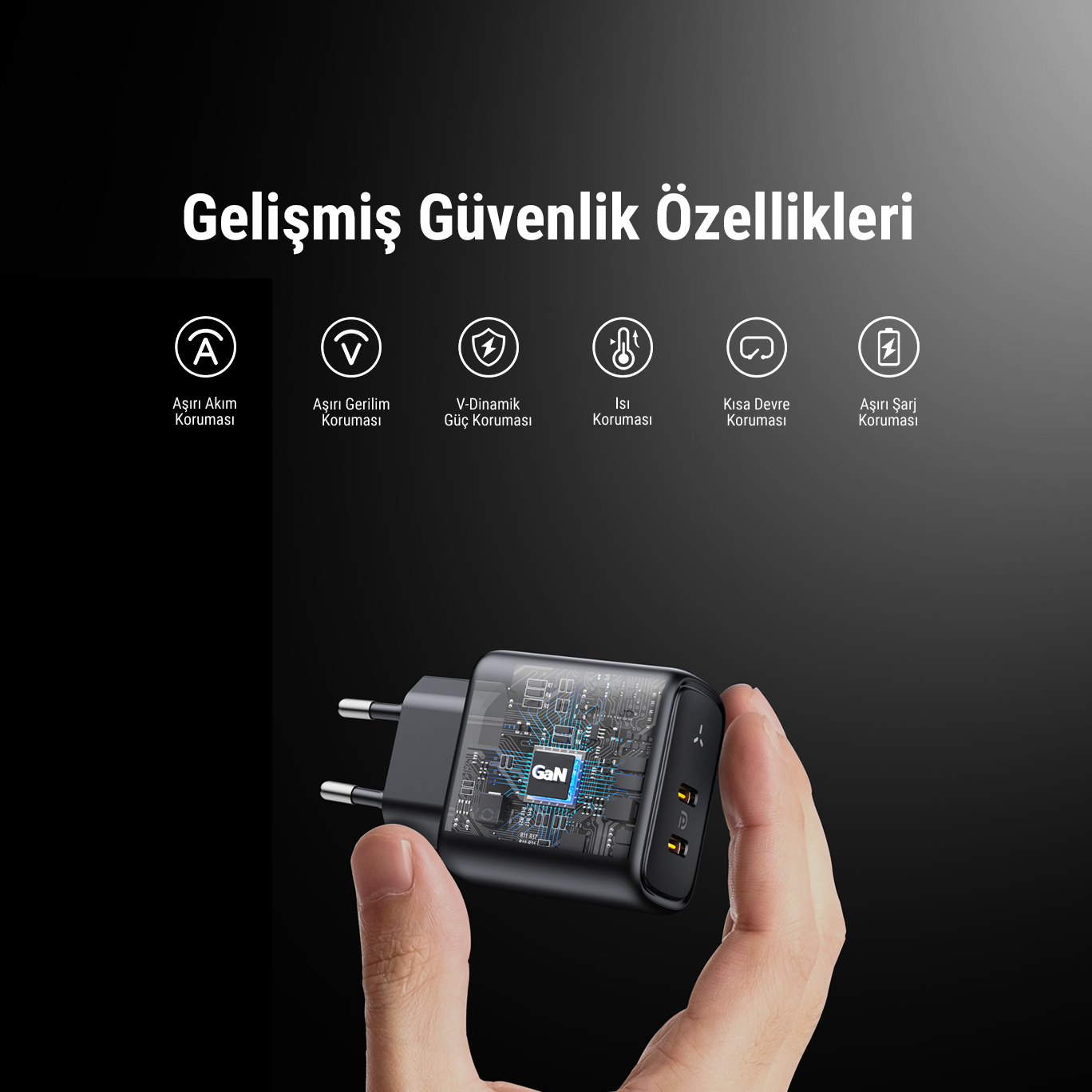Bir el, güvenlik özelliklerini vurgulayarak bir şarj adaptörü tutuyor, iç devre görünümüyle.