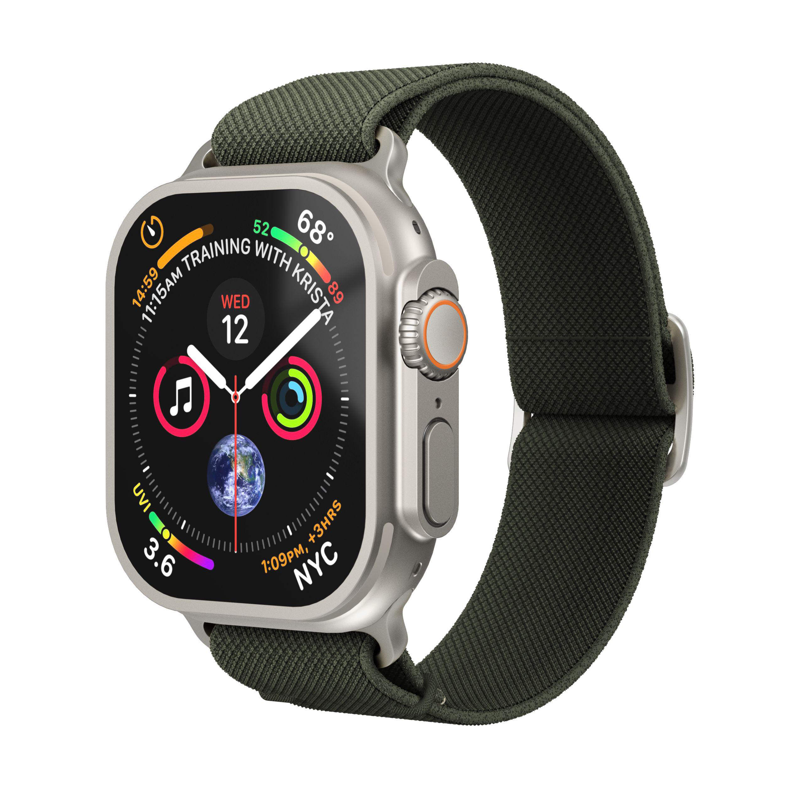 Silberne Smartwatch mit grünem Armband, die Zeit und Aktivitätsdaten anzeigt.
