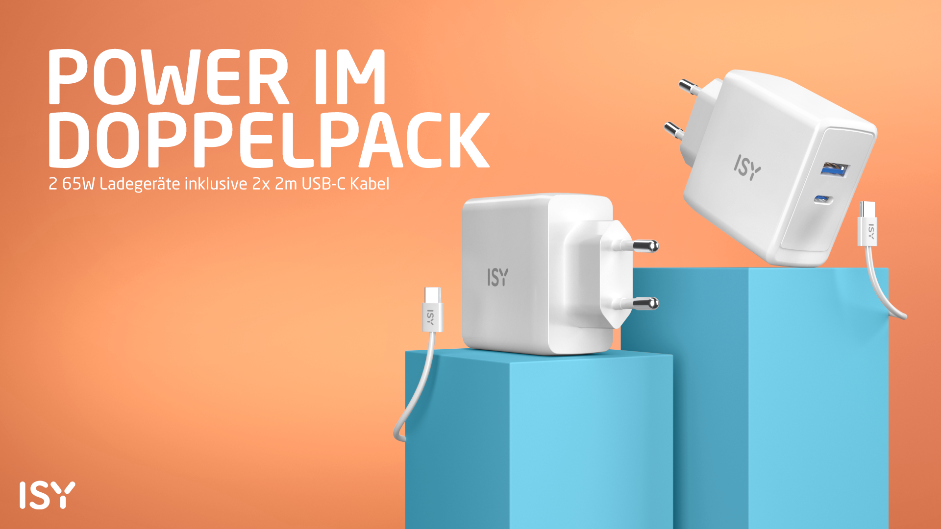 Zwei weiße USB-Ladegeräte auf blauen Blöcken, mit Kabeln.