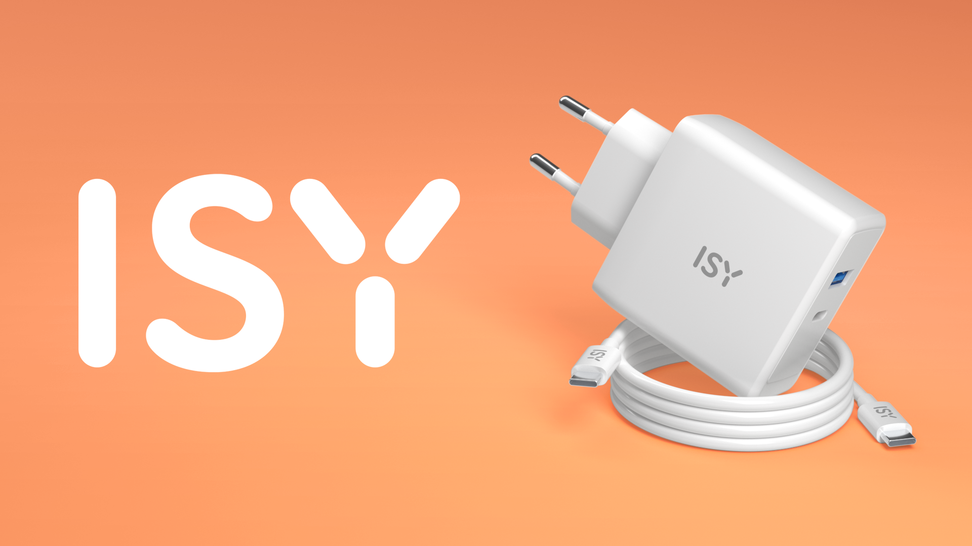 Weißes Ladegerät und Kabel mit dem Markennamen 'ISY' auf orangefarbenem Hintergrund.