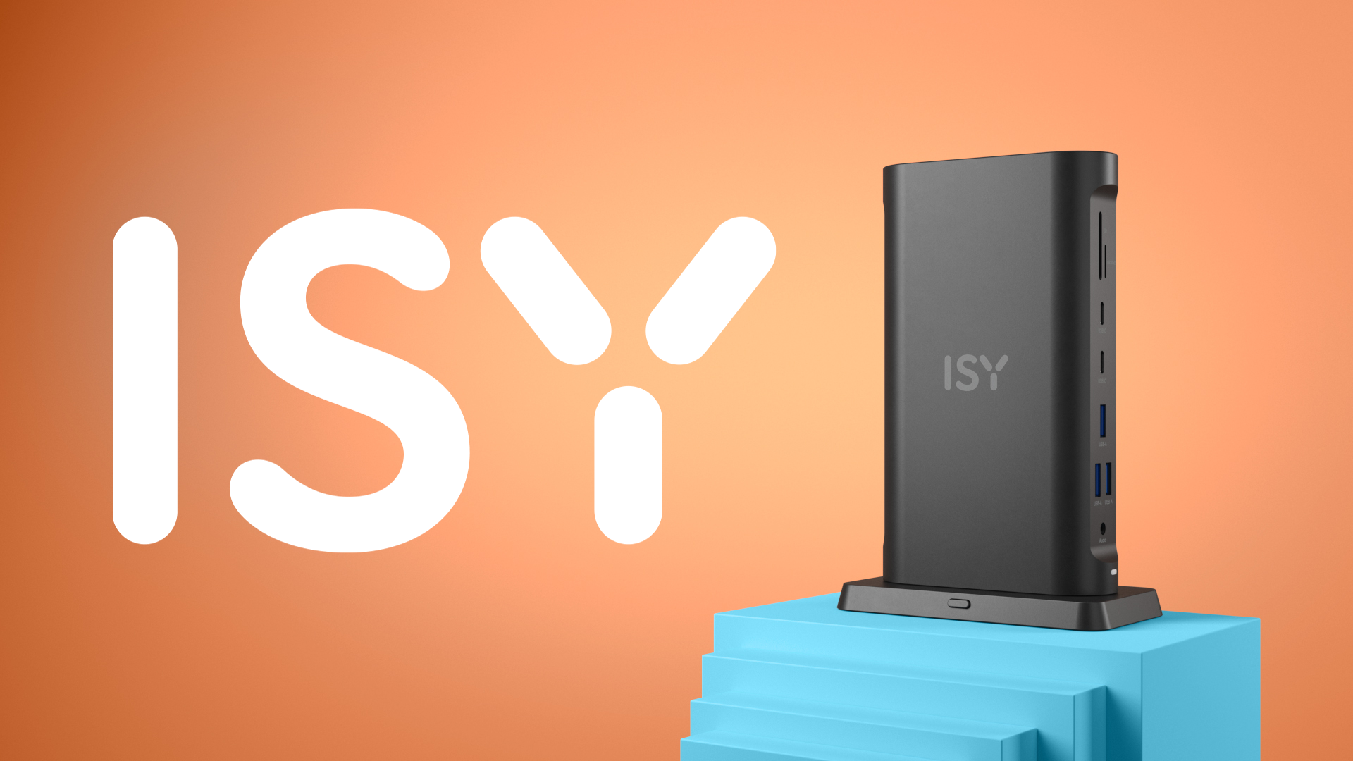 Schwarze ISY-Dockingstation auf blauem Ständer vor orangefarbenem Hintergrund mit ISY-Logo.
