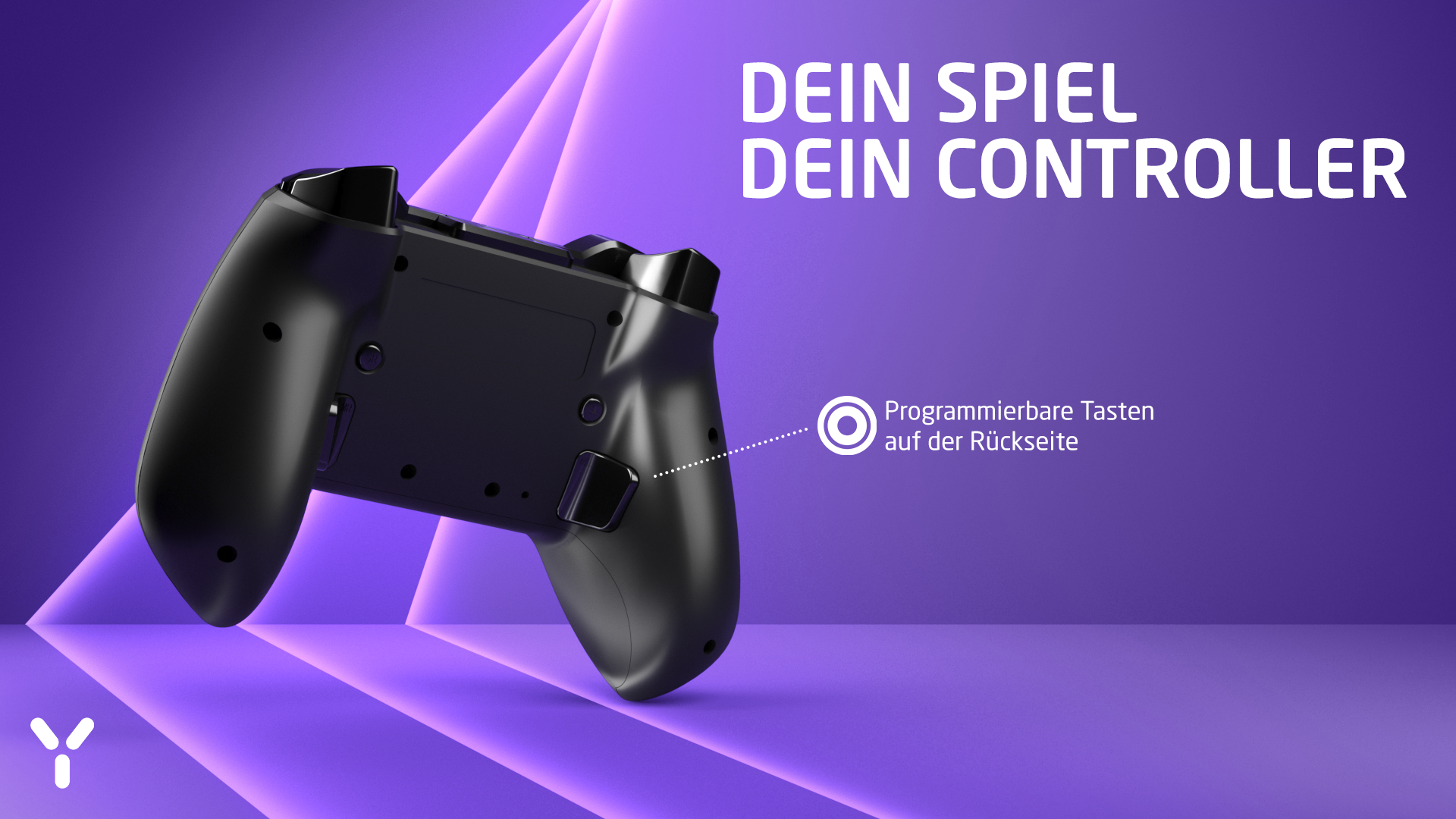 Schwarzer Controller mit violettem Hintergrund.  Controller-Rückseite.