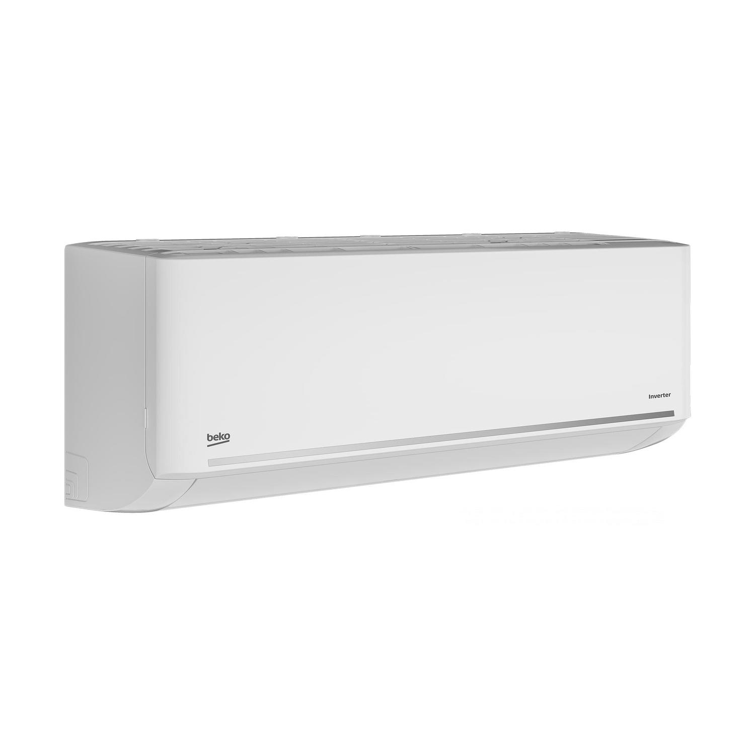 Un condizionatore Beko bianco, montato su una parete bianca.