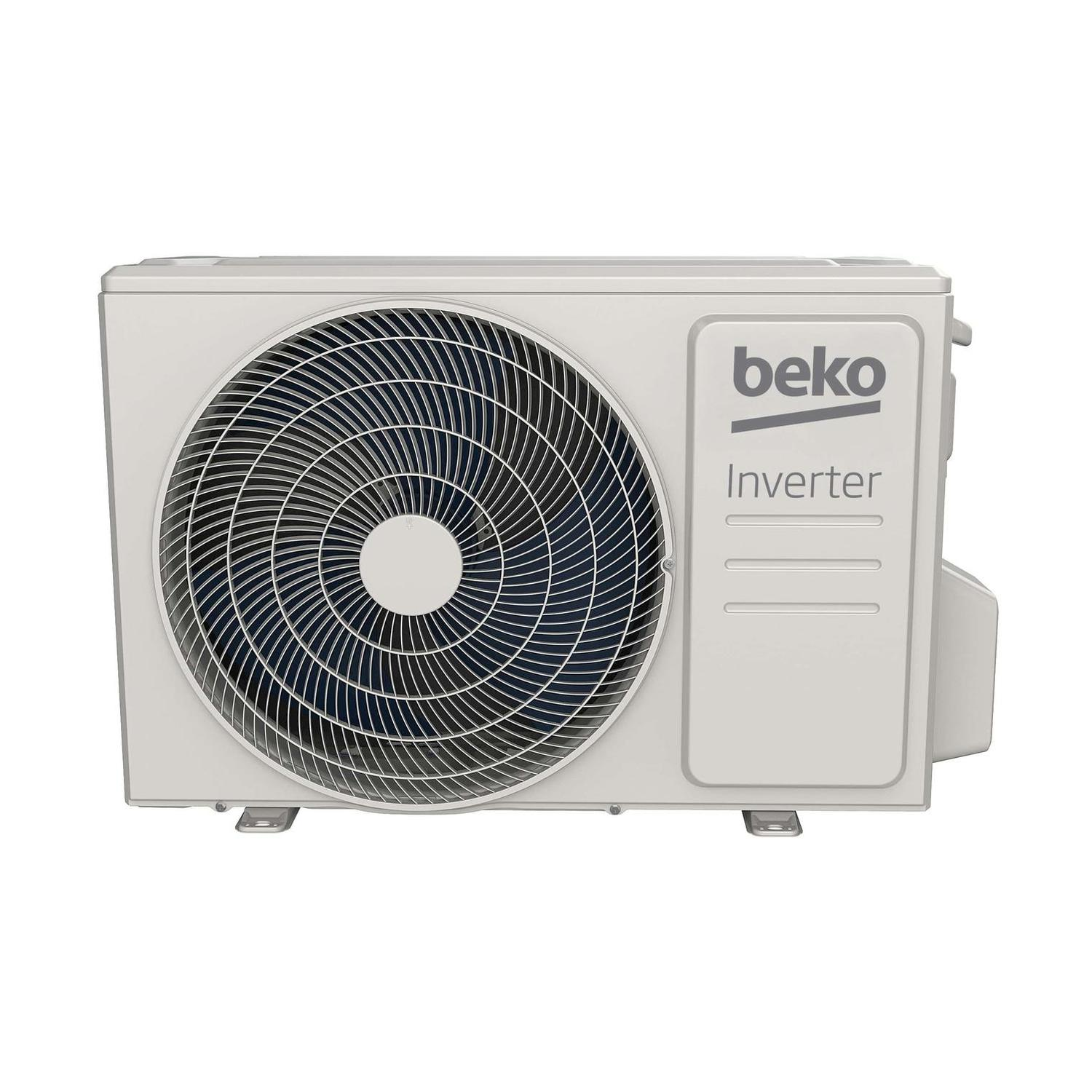 Condizionatore Beko Inverter bianco con un ventilatore sul lato sinistro e un pannello di controllo a destra.