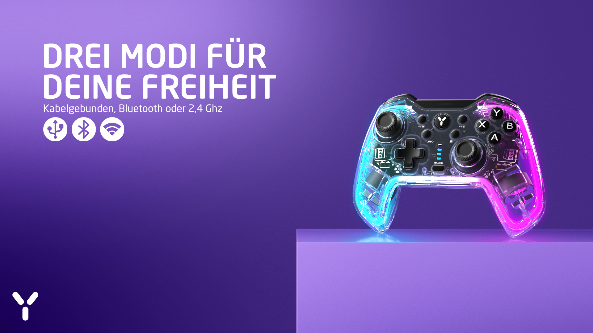 Ein transparenter Gaming-Controller mit bunten Lichtern, Text: 'Drei Modi für Ihre Freiheit'.