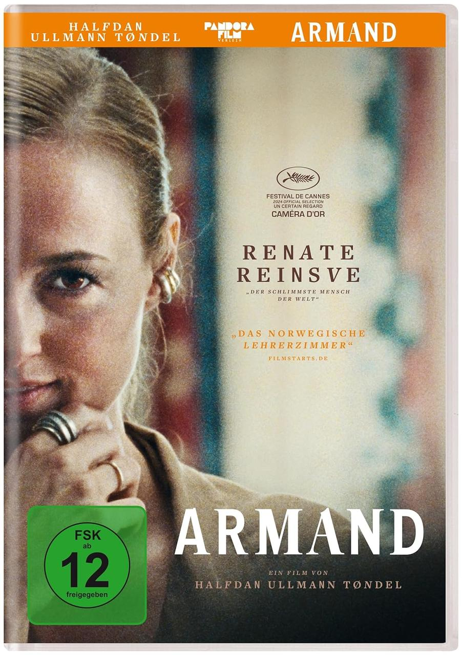 Filmplakat. Porträt einer Frau. Text auf Deutsch: Armand, Renate Reinsve. Grüner Kreis mit Altersfreigabe 12+.