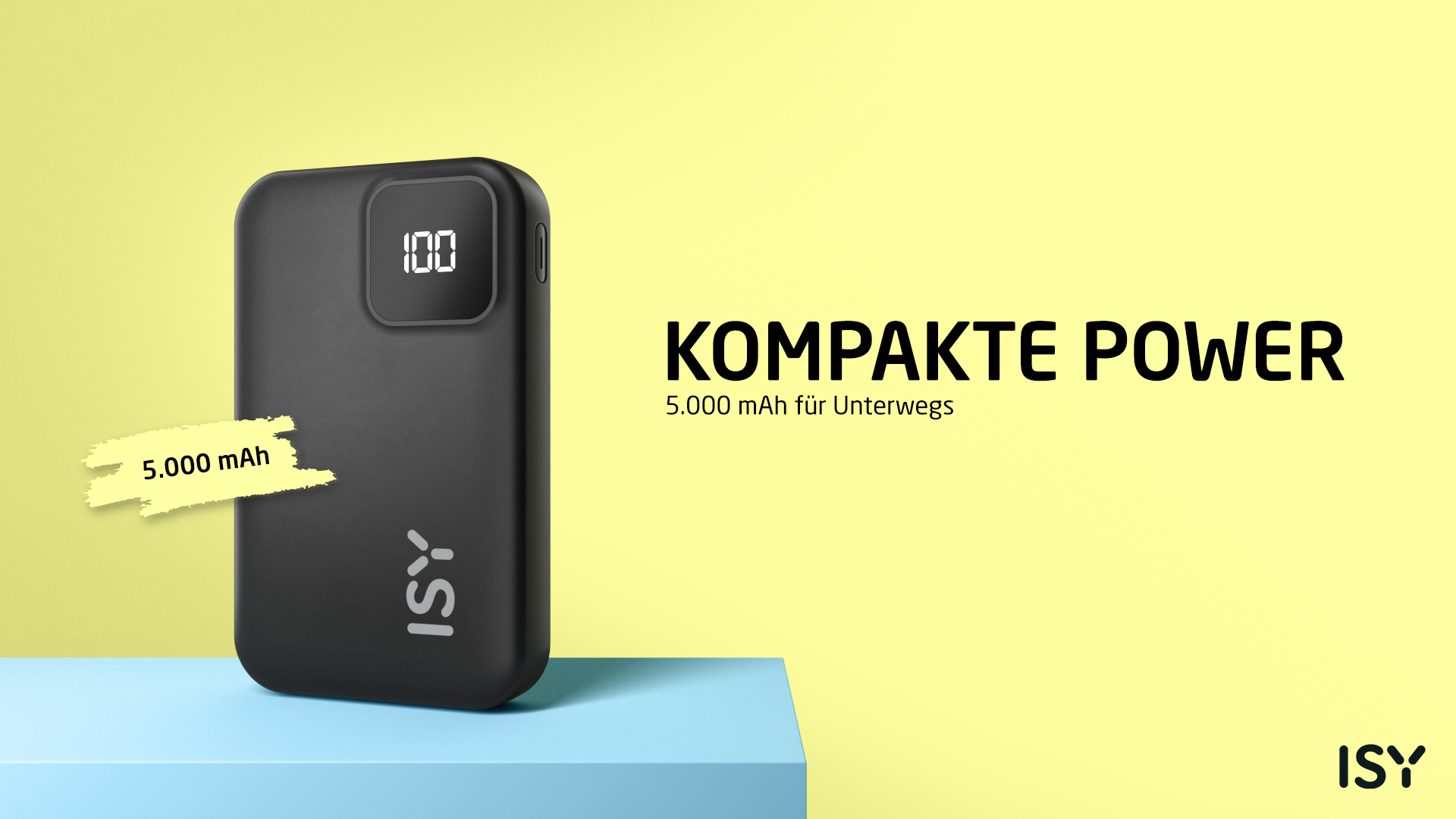 Schwarze Powerbank mit Digitalanzeige und Text. Gelber Hintergrund mit Text.
