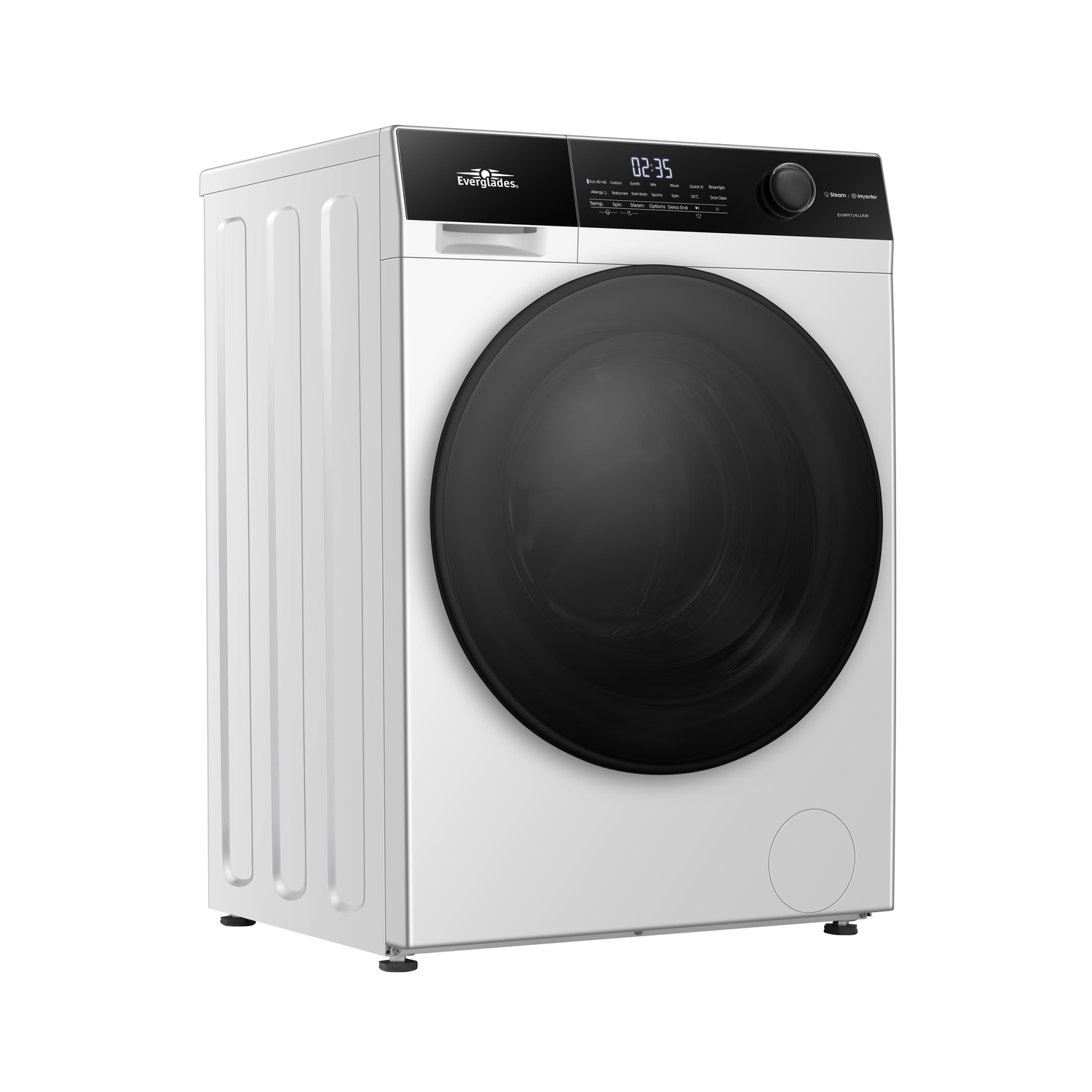 Een witte wasmachine met een zwarte deur, schuin en geïsoleerd op een witte achtergrond.