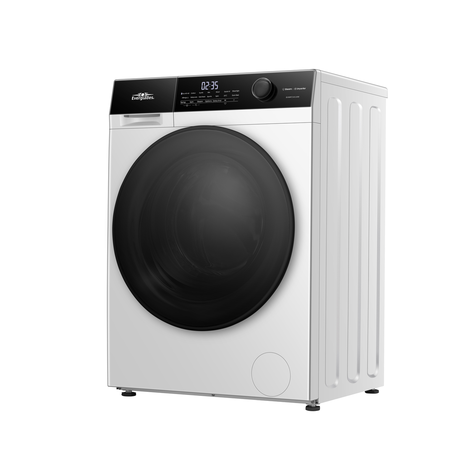 Een witte wasmachine met een zwarte deur en digitaal display.