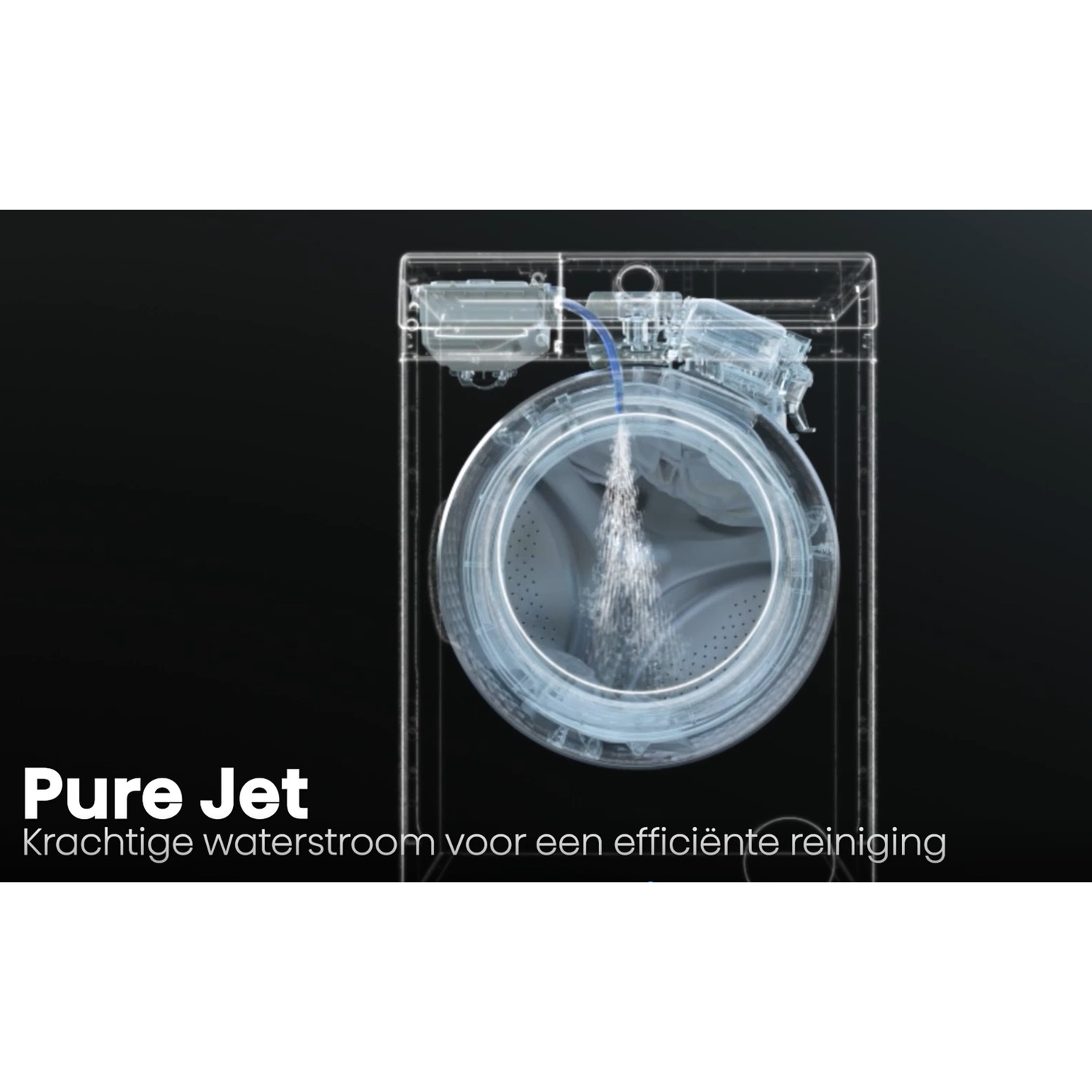 Een afbeelding toont een wasmachine in transparante weergave. De waterstraal is zichtbaar in de machine.