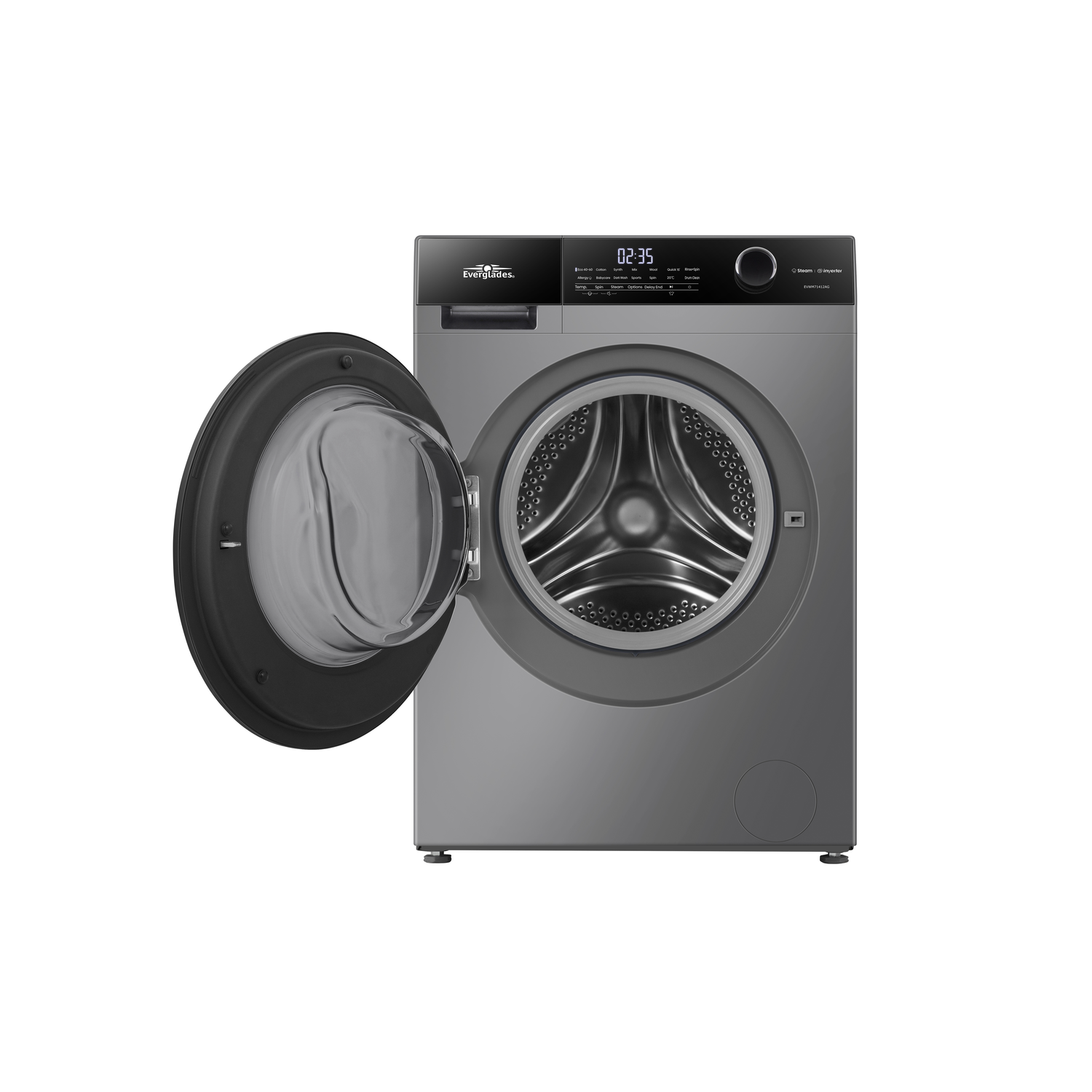 Zilveren wasmachine met open deur, de trommel zichtbaar.