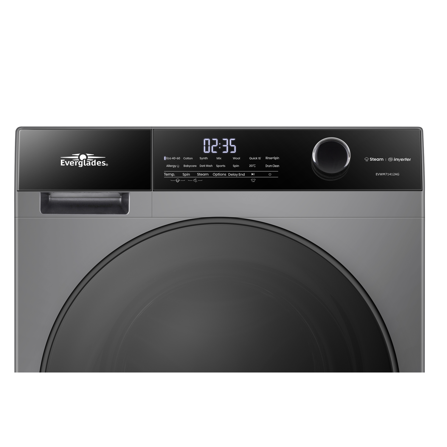 Een wasmachine met een digitaal display. De machine heeft een bedieningsknop en knoppen.