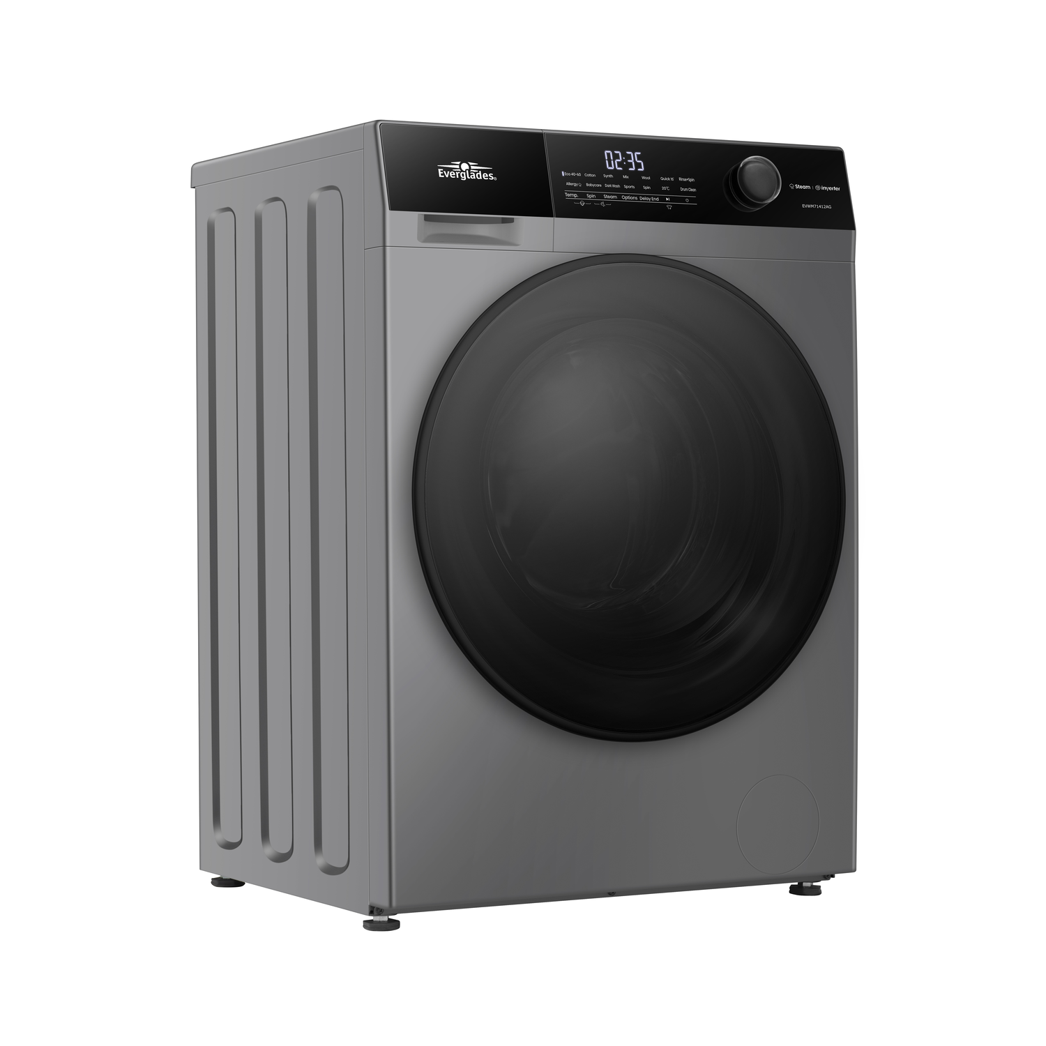 Een grijze wasmachine met een zwarte deur en digitaal display.