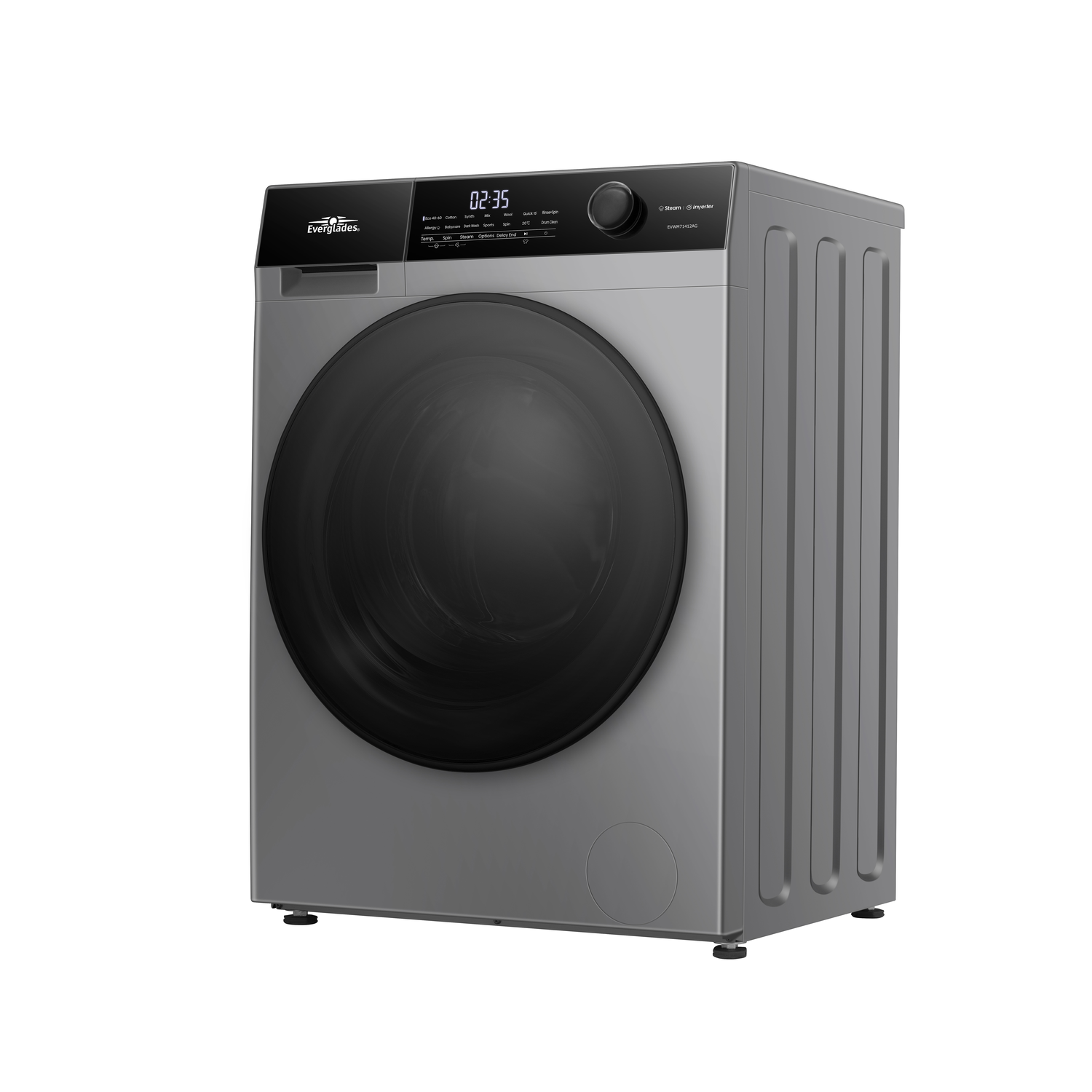 Een wasmachine met een digitaal display en een zwarte deur.