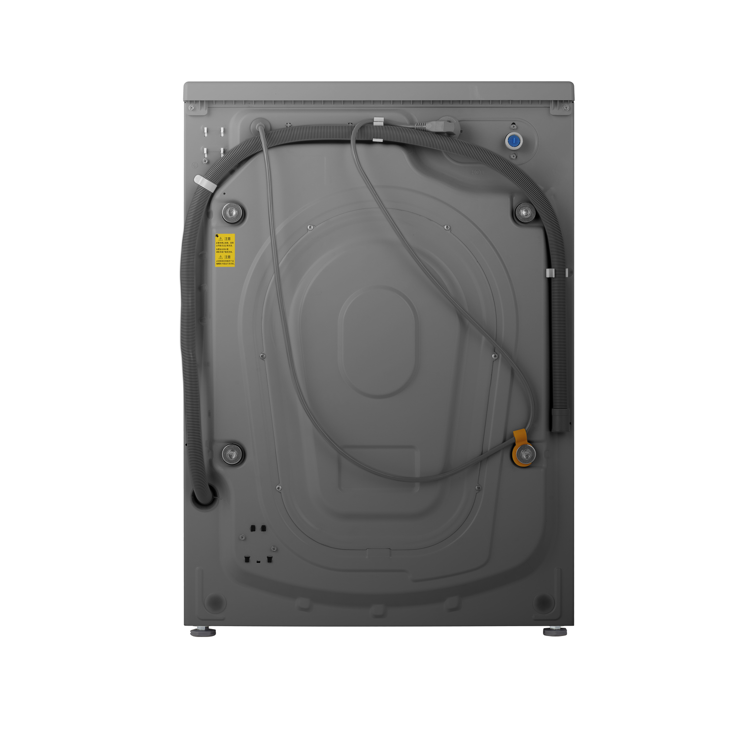 Achteraanzicht van een grijze wasmachine met zichtbare slangen en aansluitingen.