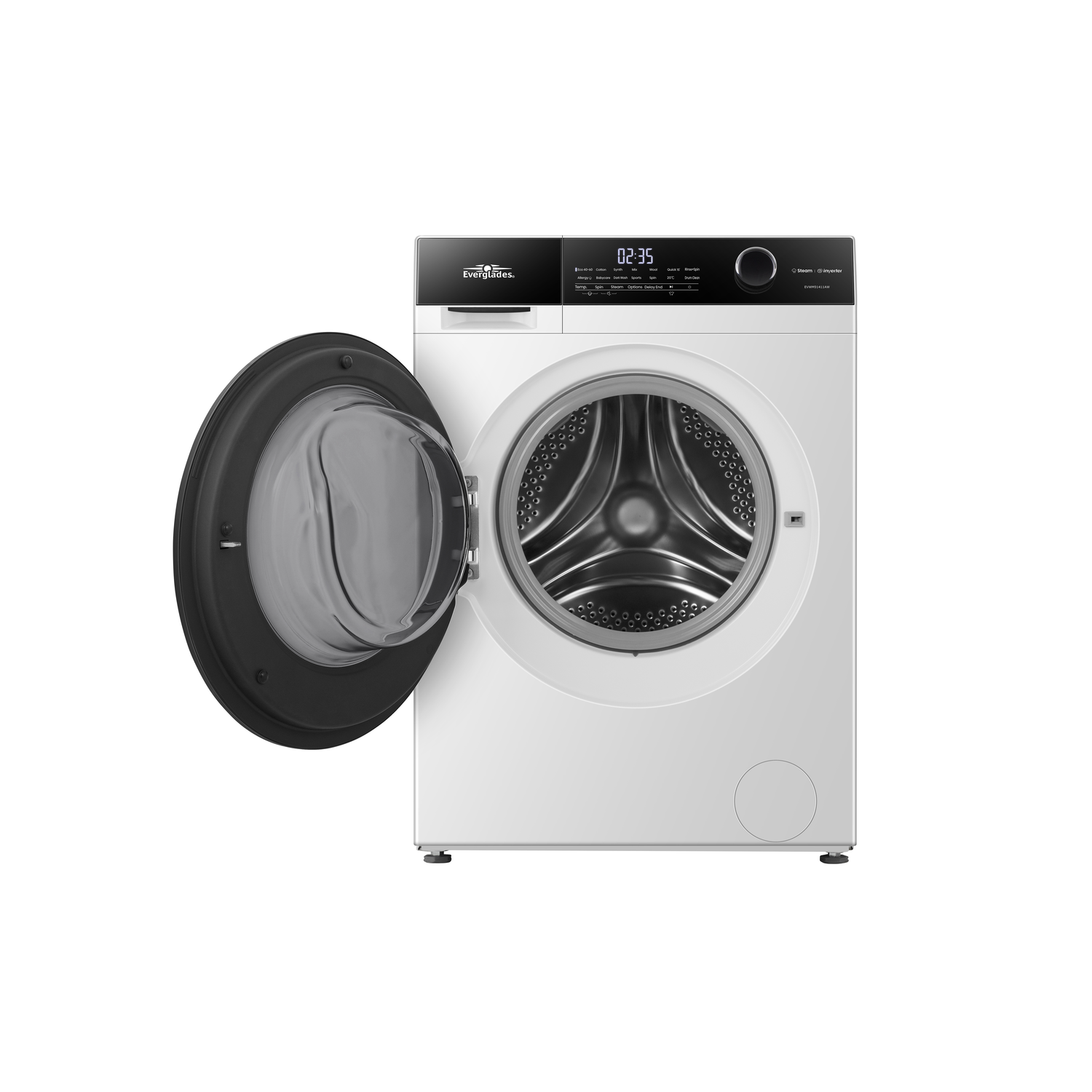 Witte wasmachine met de deur open. Het bedieningspaneel toont de tijd.