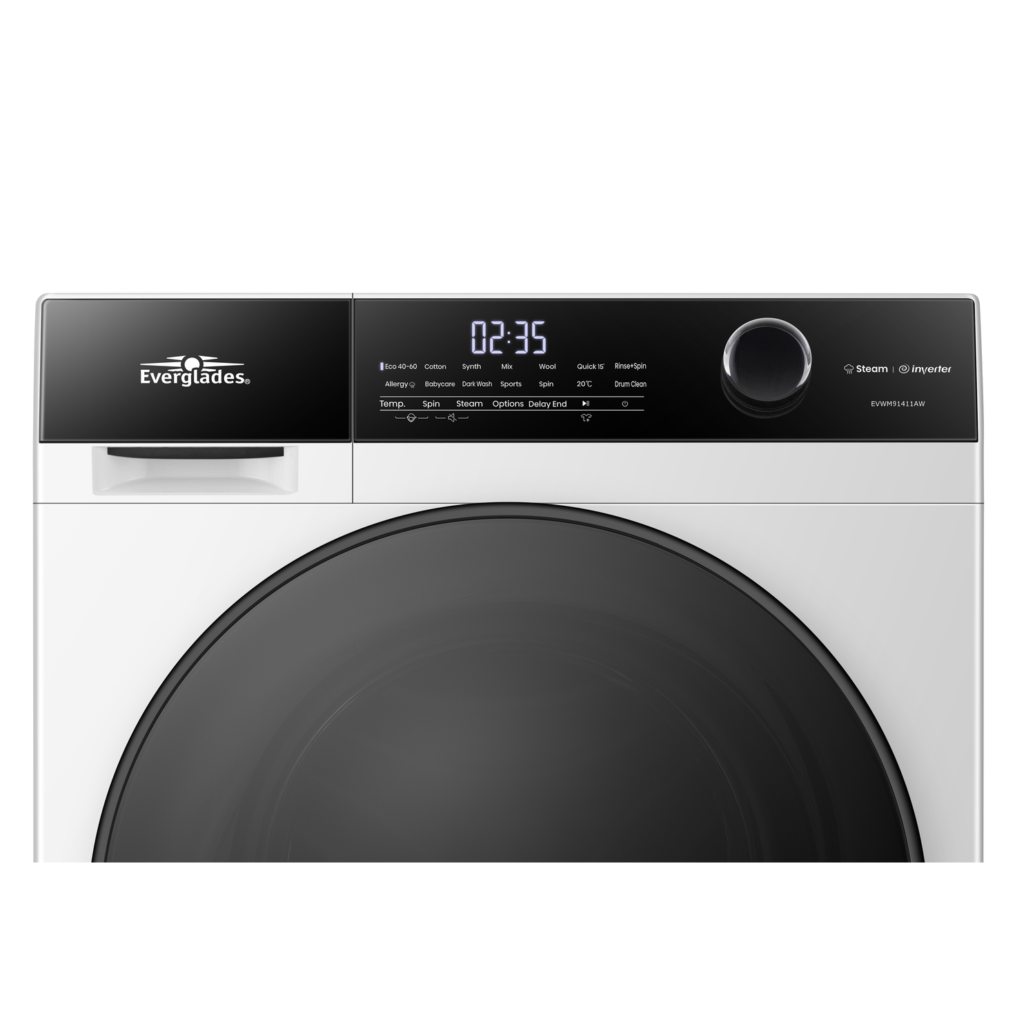 Een witte wasmachine met een zwarte deur en bedieningspaneel, met tijd en instellingen.