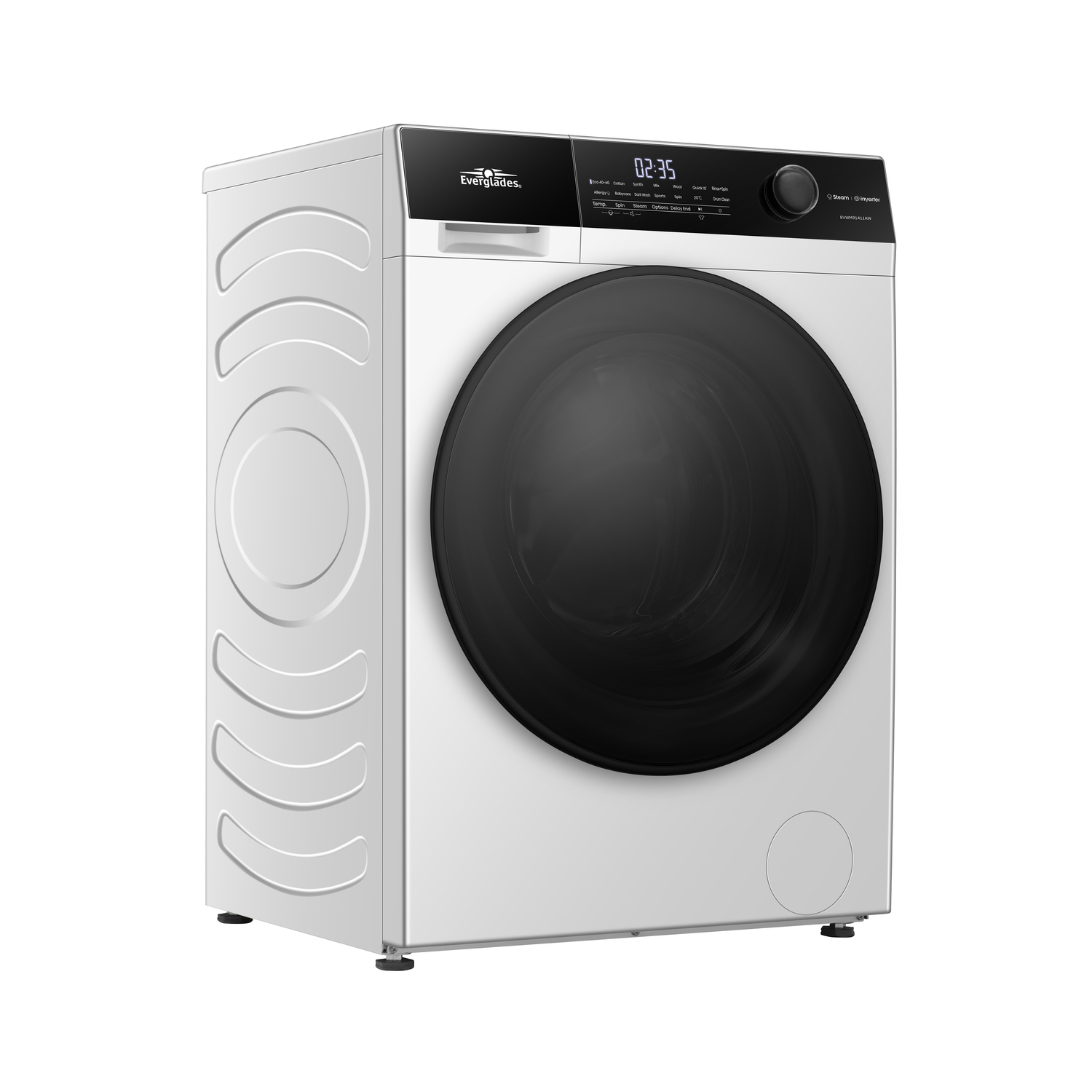Een witte wasmachine met een zwarte deur en bedieningspaneel.