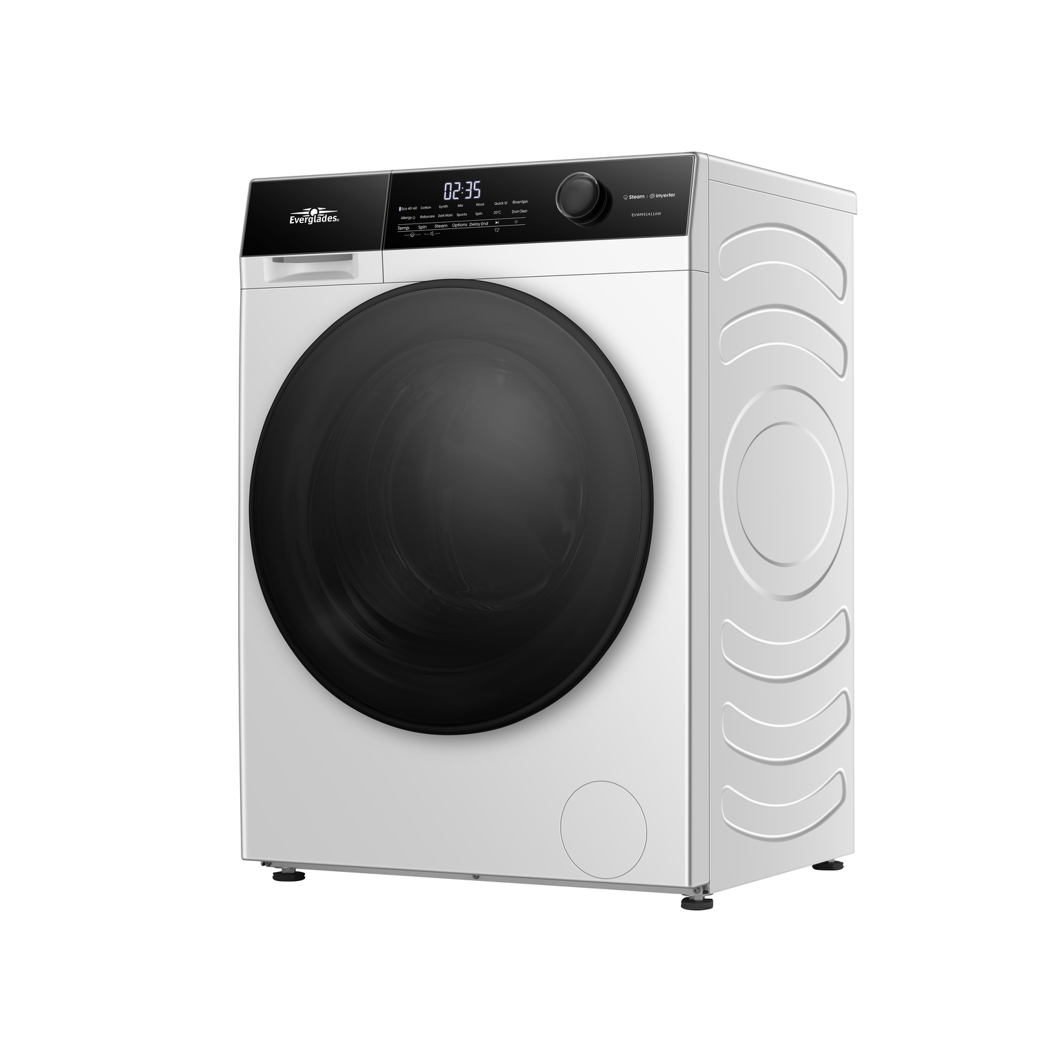 Witte wasmachine met zwarte deur. Het heeft een digitaal display. De merknaam is 'Everglades'.