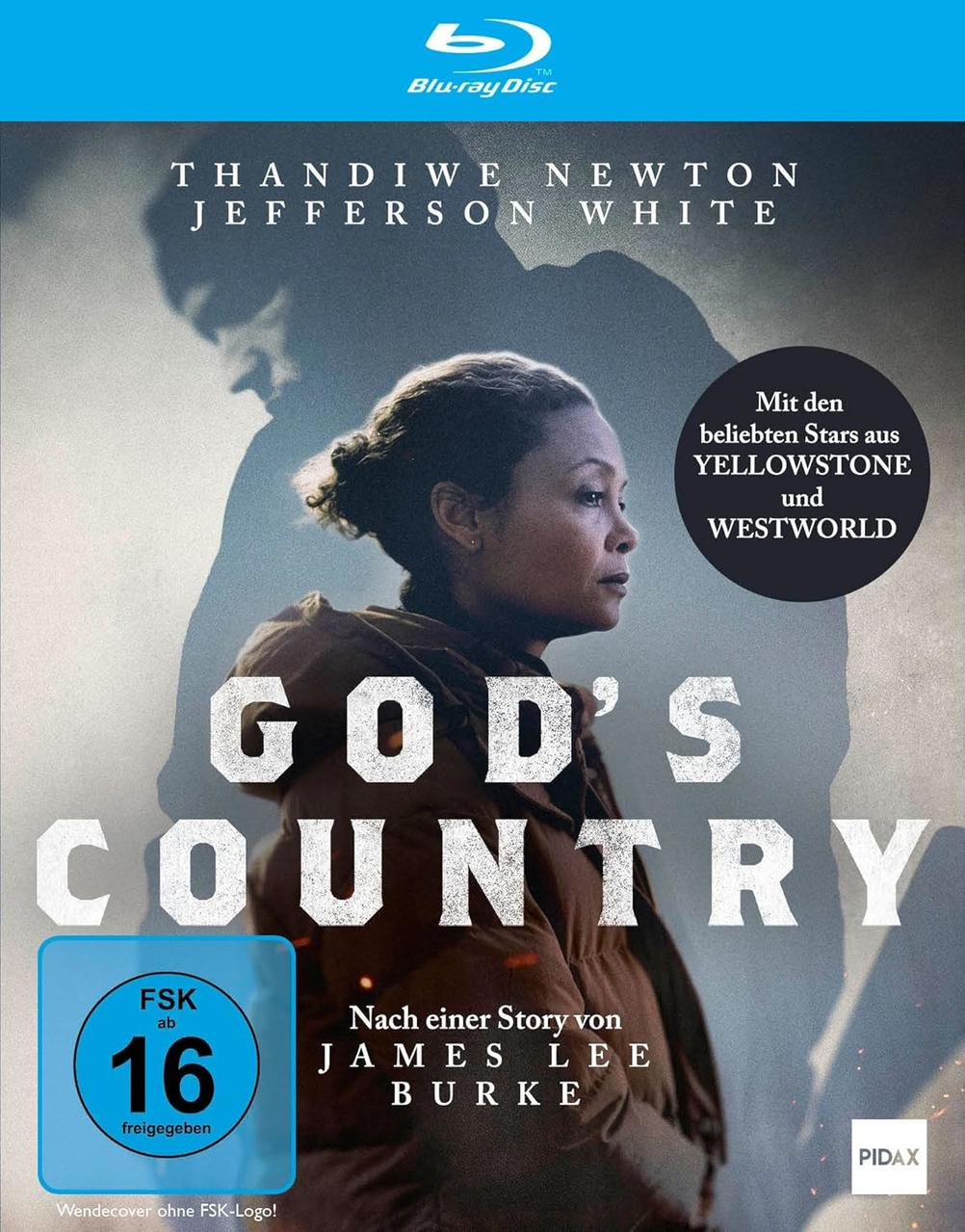 DVD-Cover mit Thandiwe Newton und Jefferson White. Der Titel ist 'God's Country'. Eine Schattenfigur im Hintergrund.