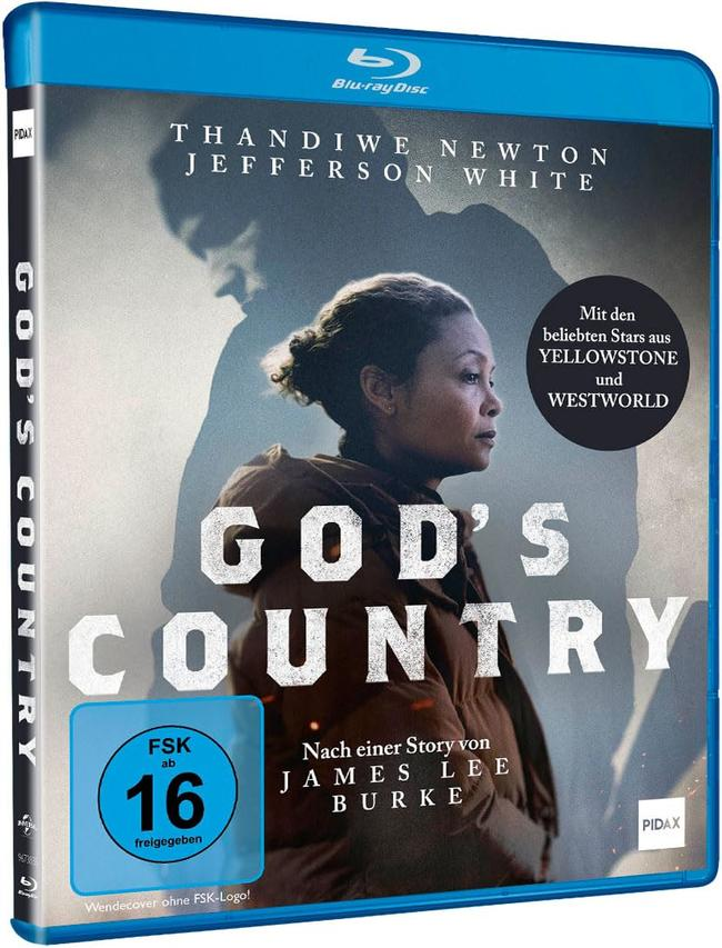 Blu-ray-Cover für 'God's Country'. Zeigt eine Frau und eine schattenhafte Figur.