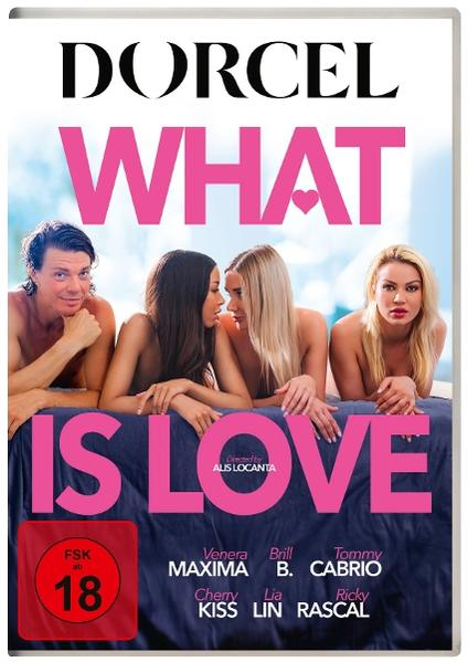 DVD-Cover mit vier Personen auf einem Bett. Der Text auf dem Cover lautet 'WHAT IS LOVE'. Freigegeben ab 18.