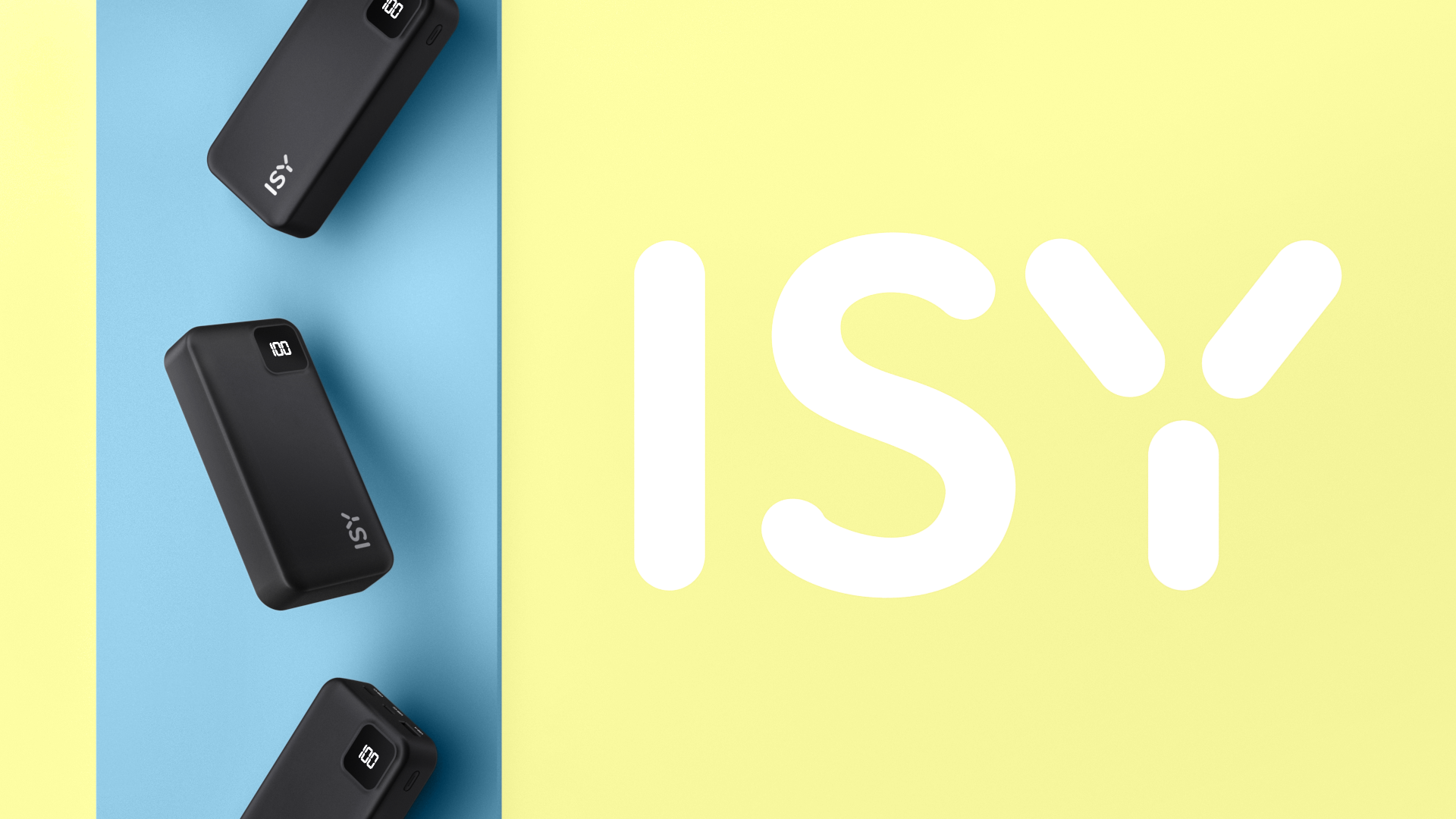 Drei schwarze ISY Powerbanks auf farbenfrohem Hintergrund mit ISY-Logo.