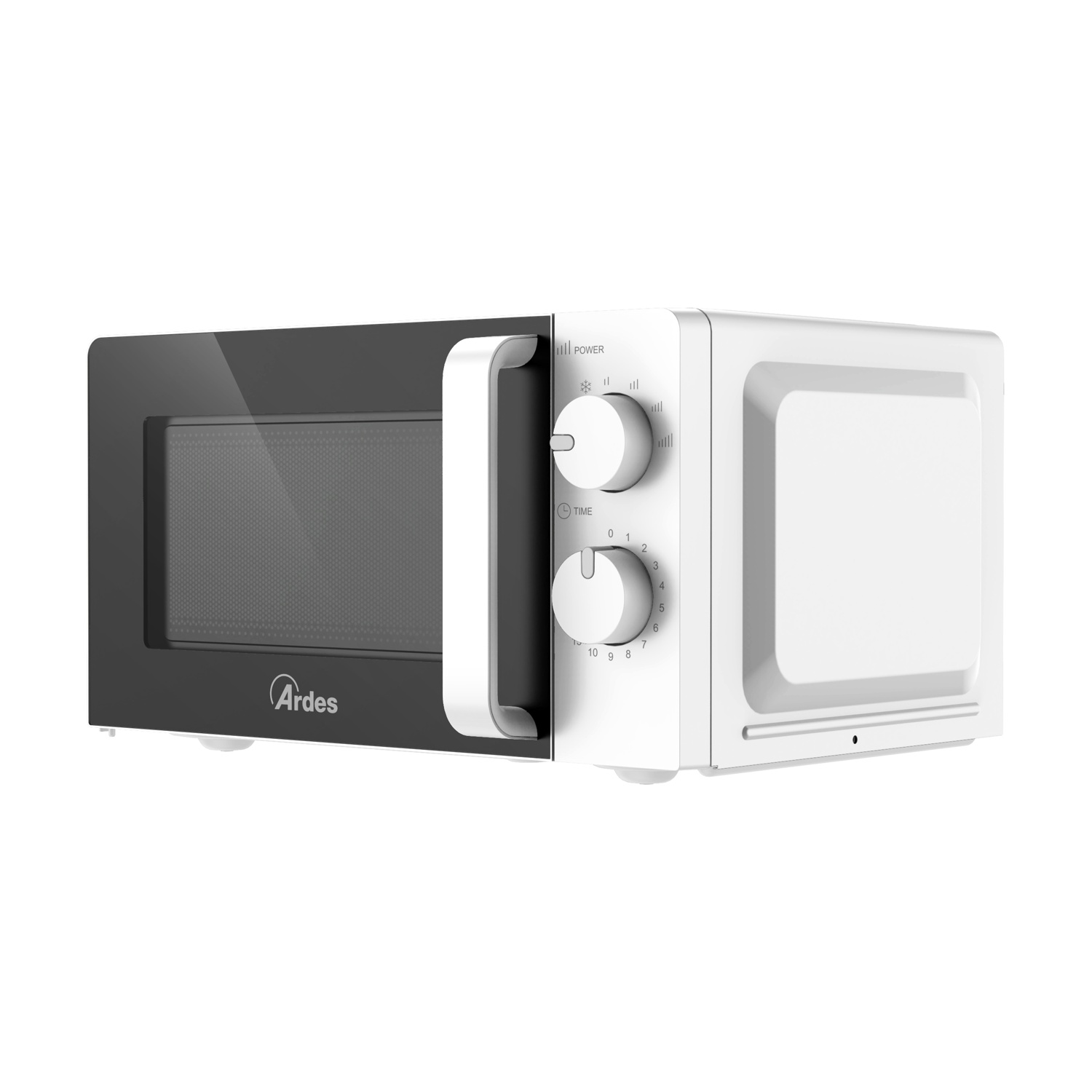 Forno a microonde bianco con porta nera.