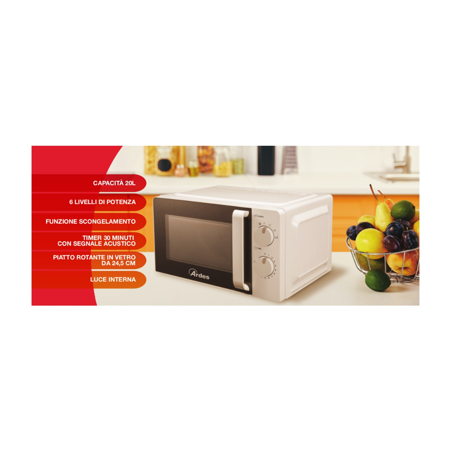 Forno a microonde bianco con il marchio Ardes e manopole di controllo. È visibile un piatto con cibo.