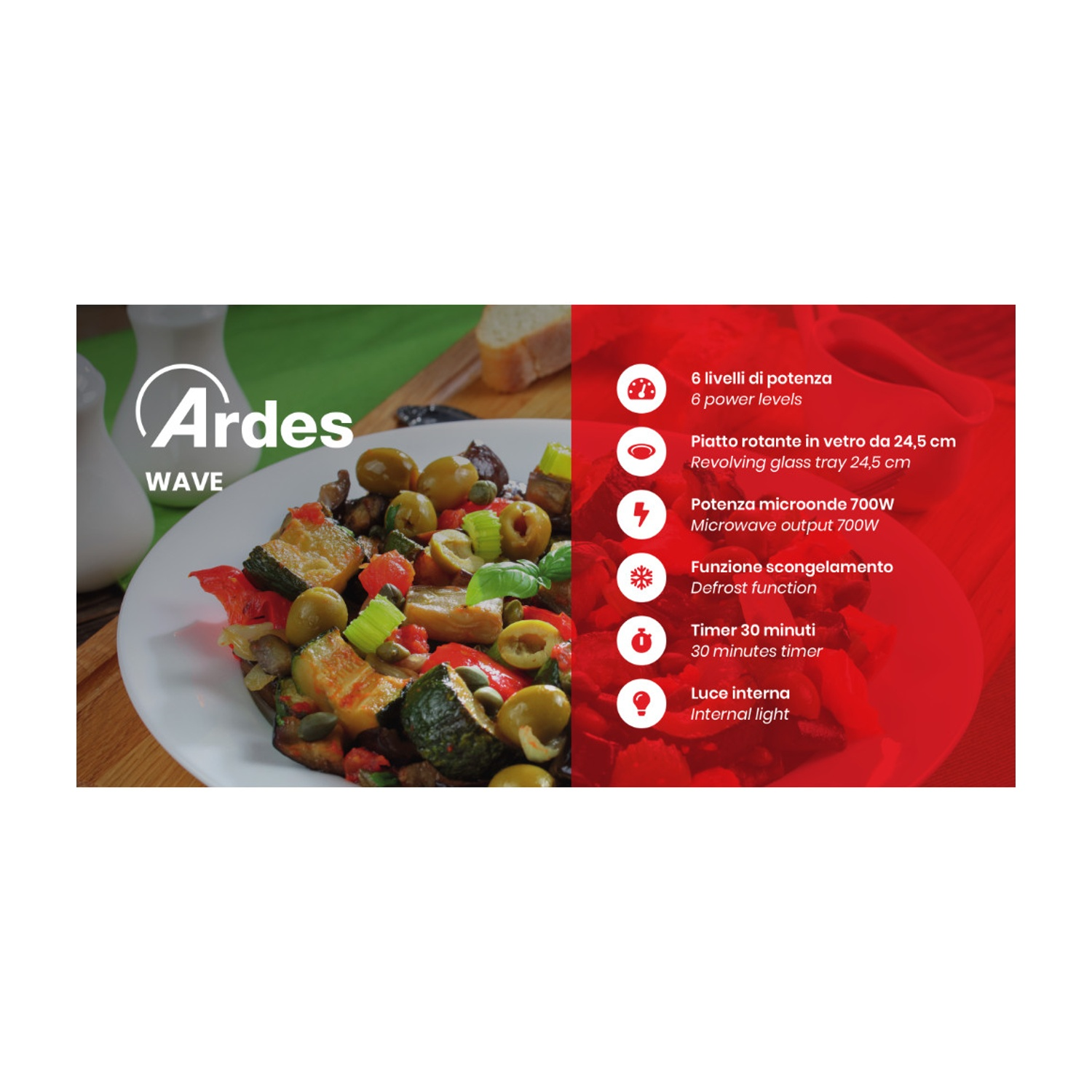 Forno a microonde con cibo. Testo a destra.