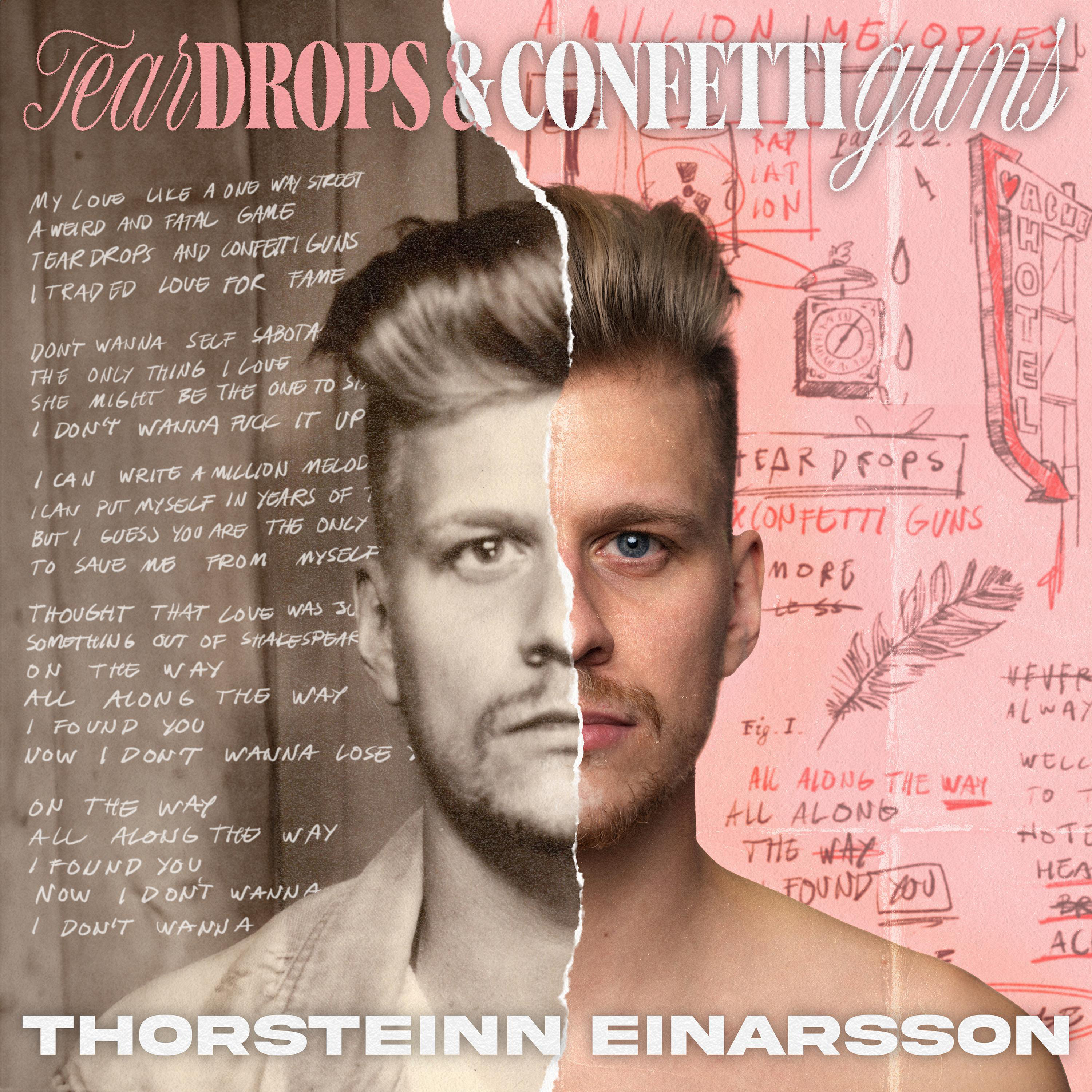 Albumcover, geteiltes Bild eines Mannes, Texte und handgeschriebene Elemente, weißer Hintergrund.