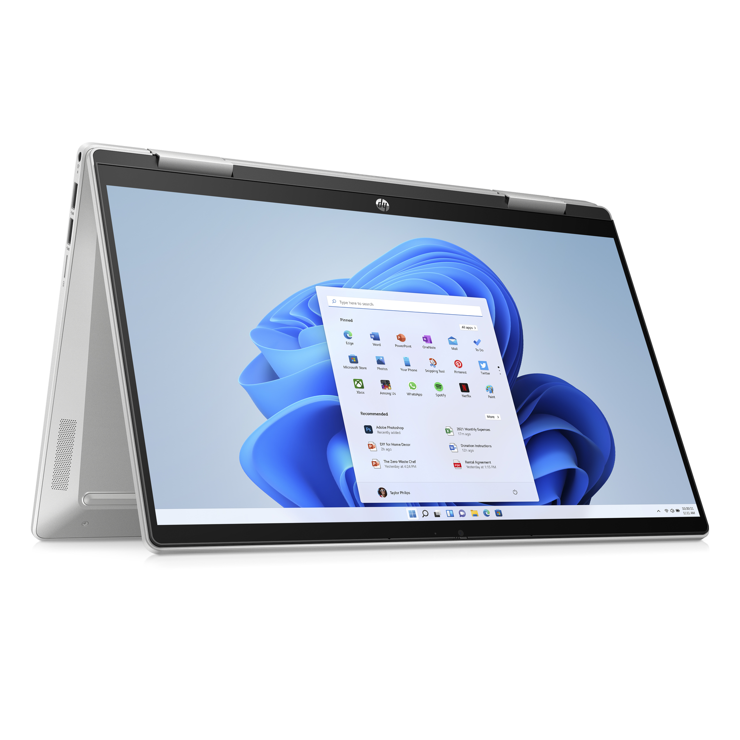 Silver laptop with a screen showing an app. The screen is blue with a white background.