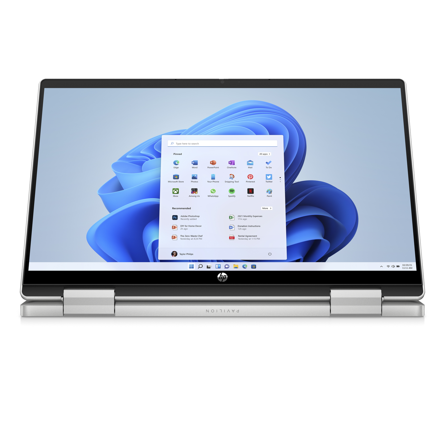 HP Pavilion laptop open, showing Windows 11 interface. White background.