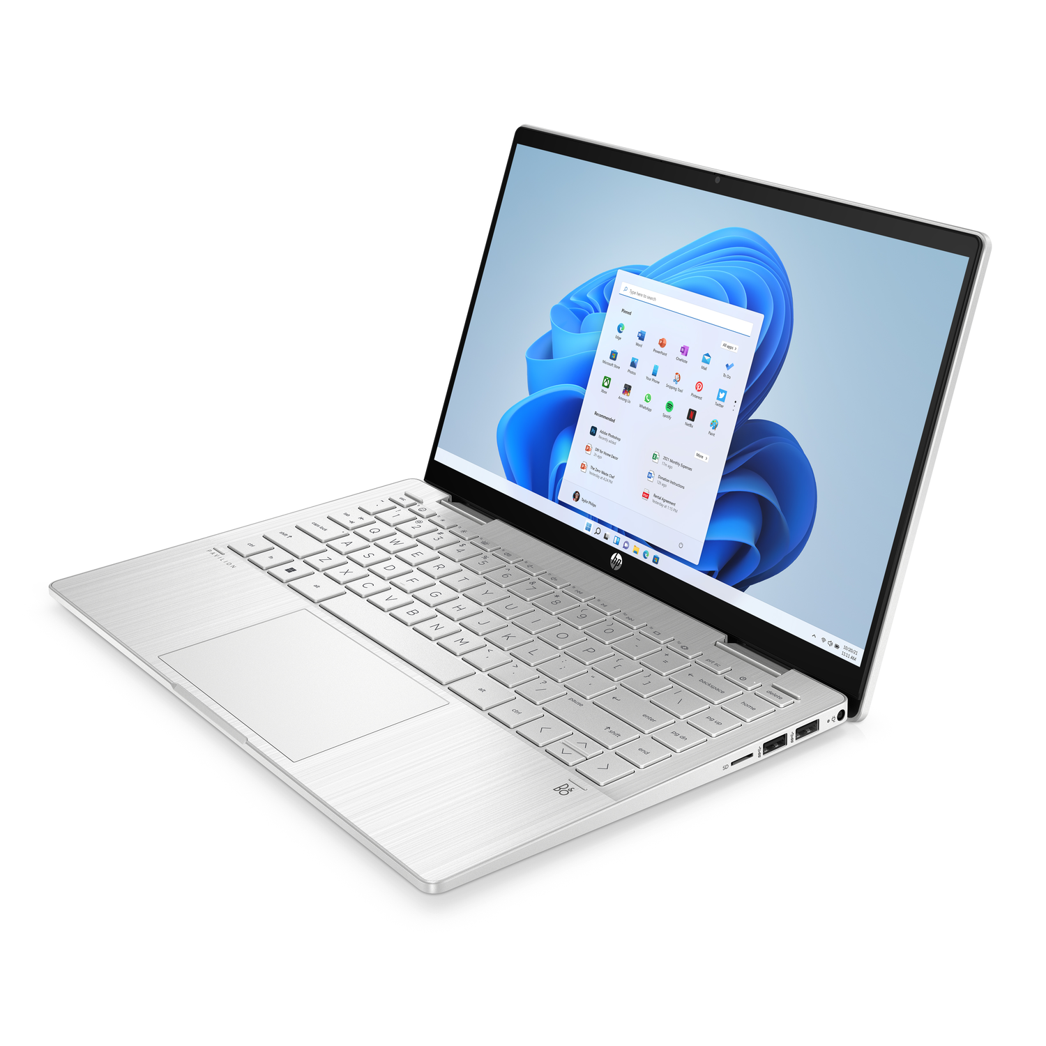 Silver laptop, open. The screen displays Windows 11 interface. White background.