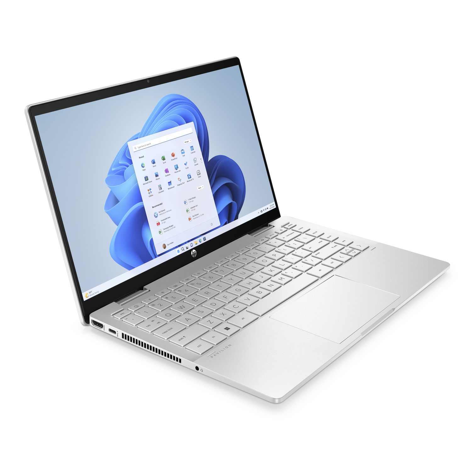 Silver laptop open. Screen shows a blue and white image. White background.