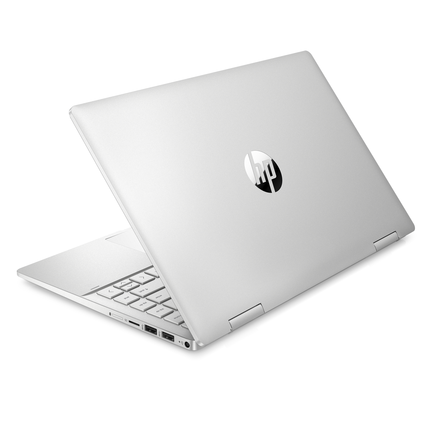 Silver laptop with the HP logo on the back, slightly open and angled to the right.