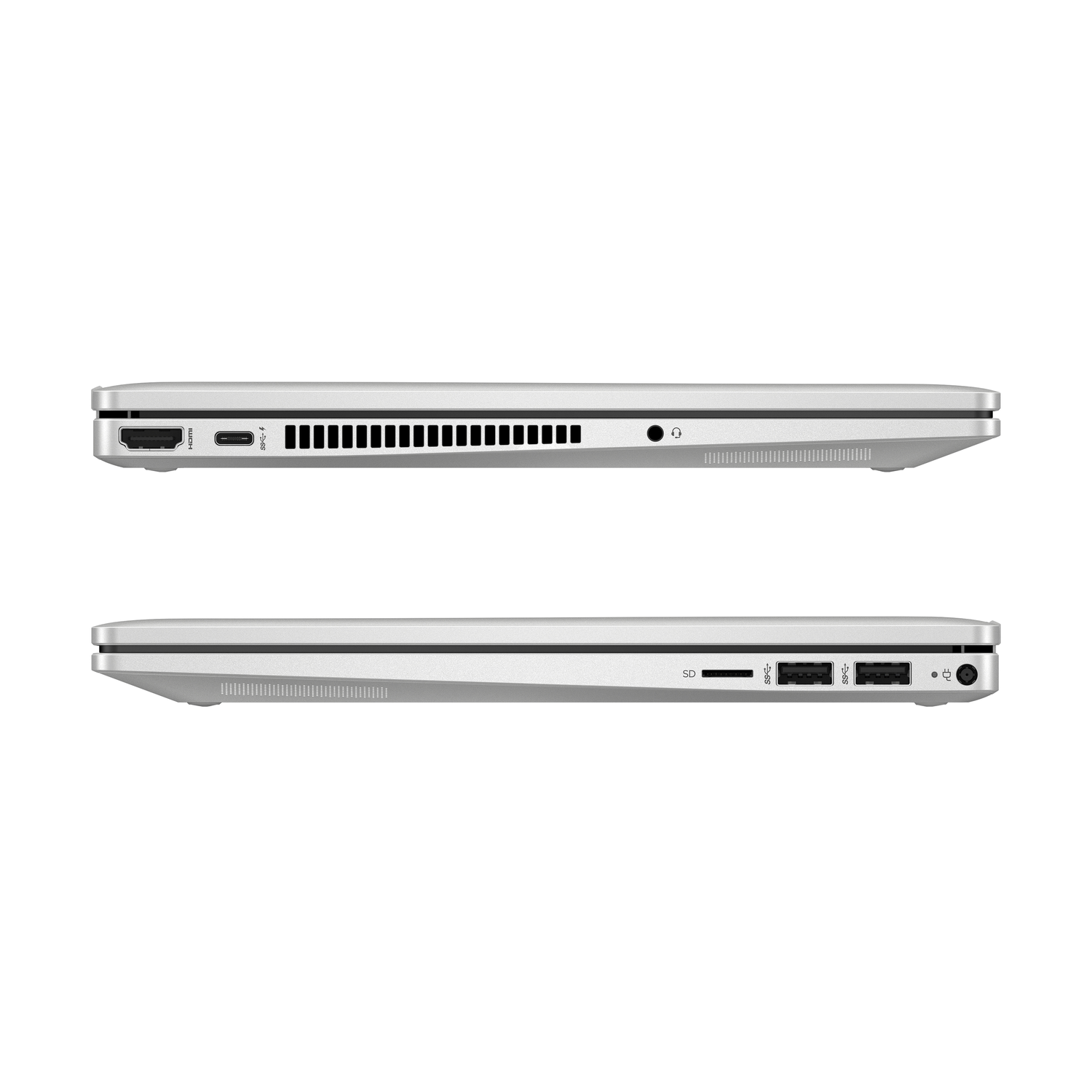Two silver laptops side by side, showing ports and vents on the edges.
