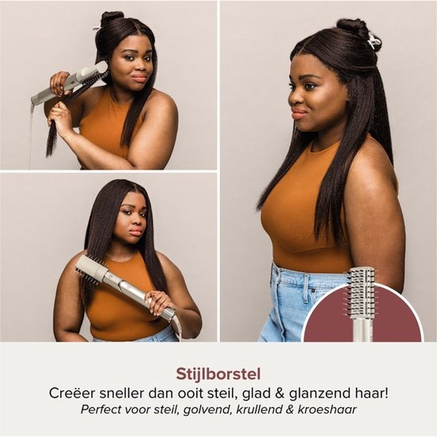 Vrouw die een haarborstel gebruikt. Tekst onderaan.