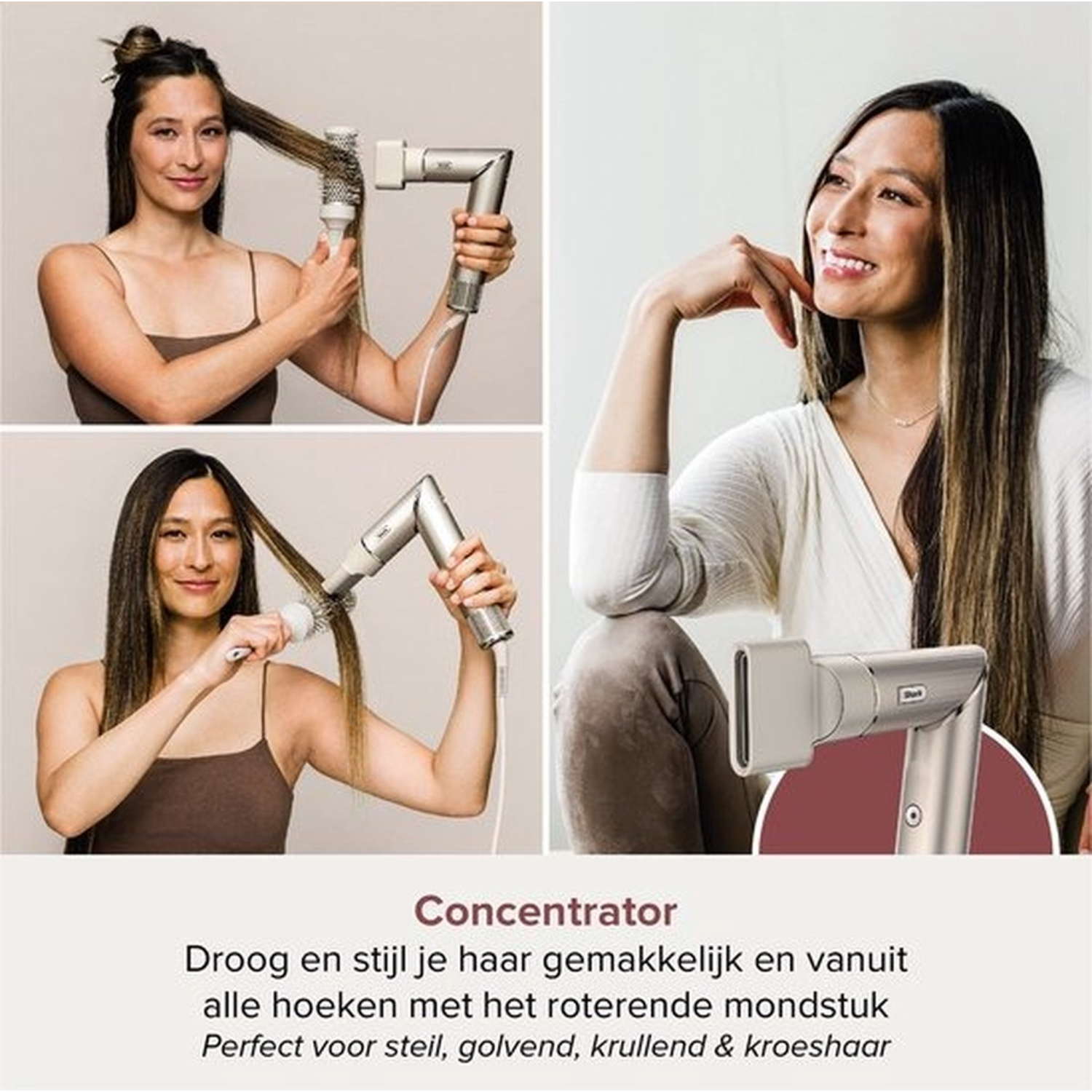 Vrouw die een haarstylingtool gebruikt. Tekst onderaan.