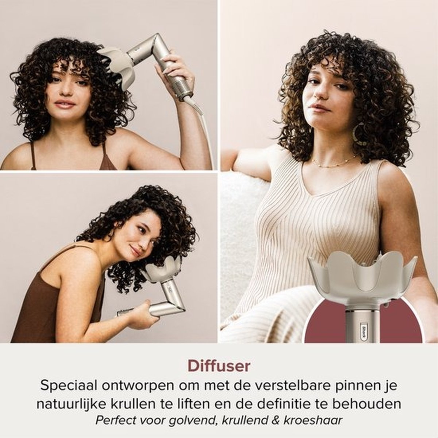Vrouw die een diffuser demonstreert. Drie afbeeldingen tonen verschillende stylingposities. Productbeschrijving hieronder.