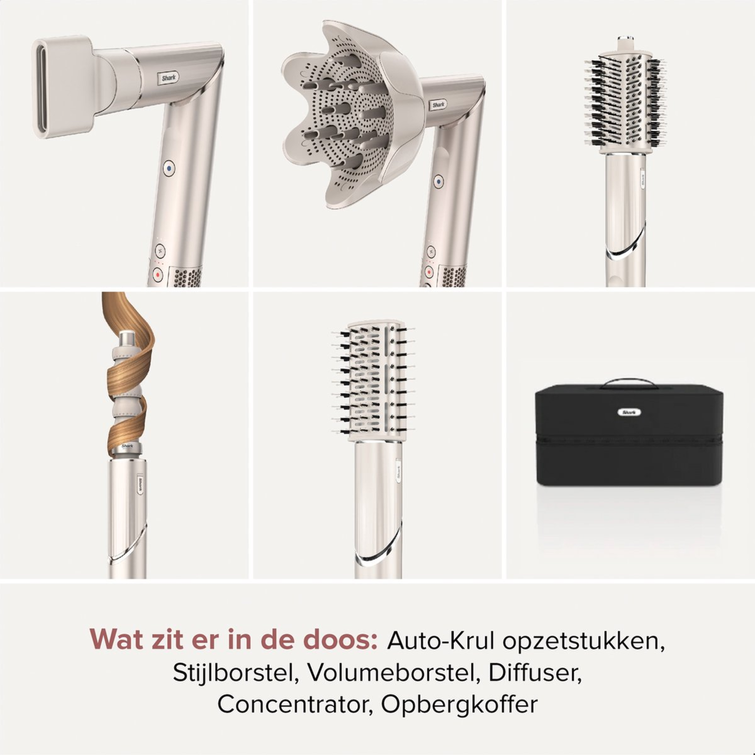 Opzetstukken voor haarstyling en een zwarte opbergkoffer.