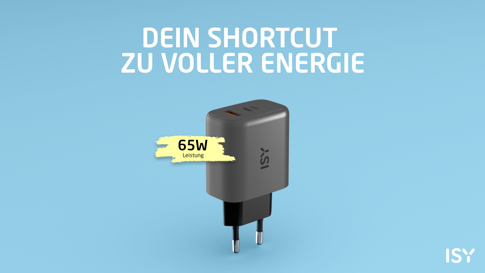 Ein graues Ladegerät mit 65W Leistung und dem ISY-Logo.