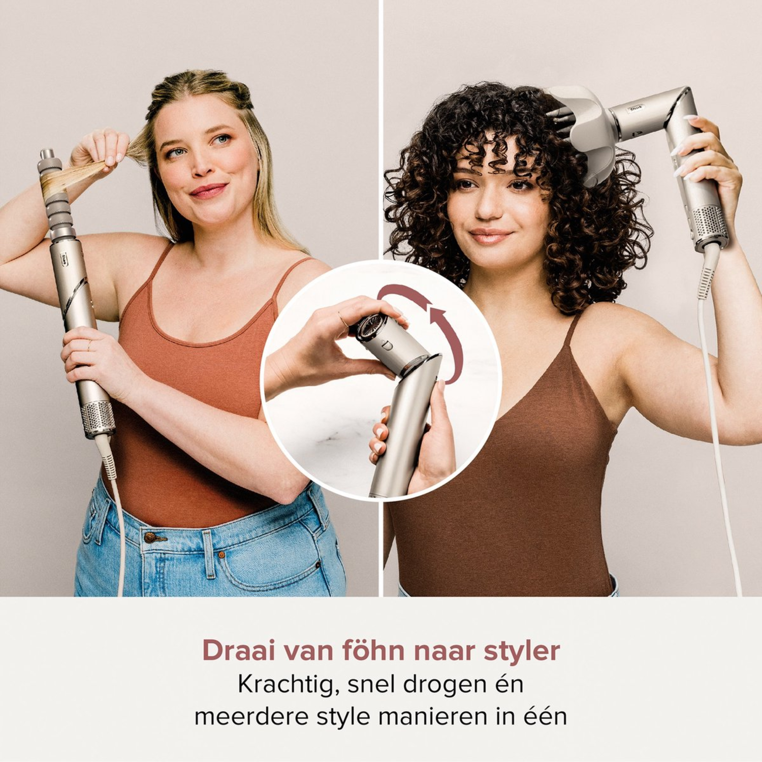 Twee vrouwen die haarstylingtools gebruiken, met tekst en een pijlgrafiek.