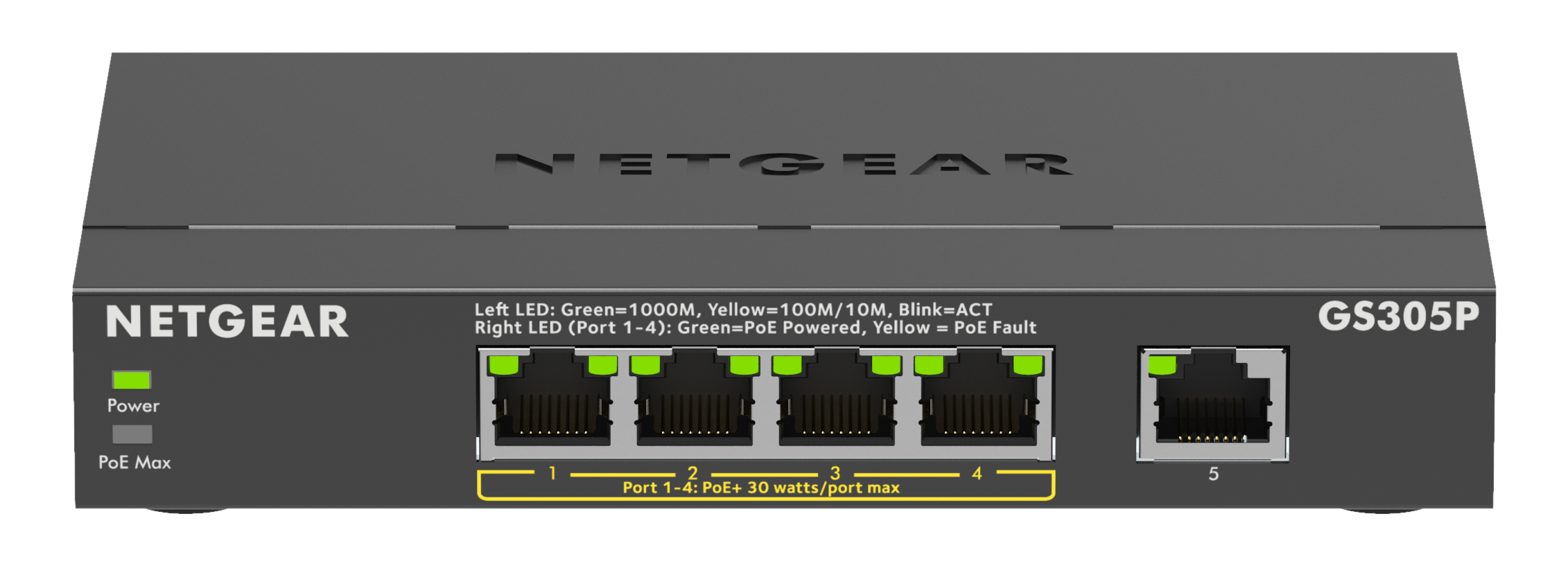 Schwarzer und grauer NETGEAR GS305P Netzwerk-Switch mit fünf Anschlüssen.