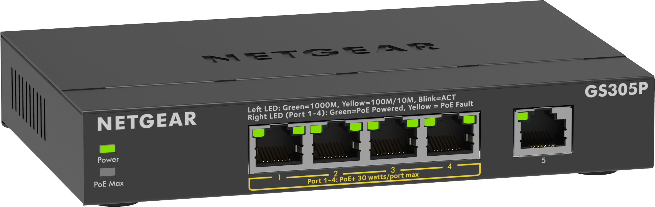 Ein schwarzer NETGEAR GS305P Netzwerk-Switch mit grünen Lichtern.