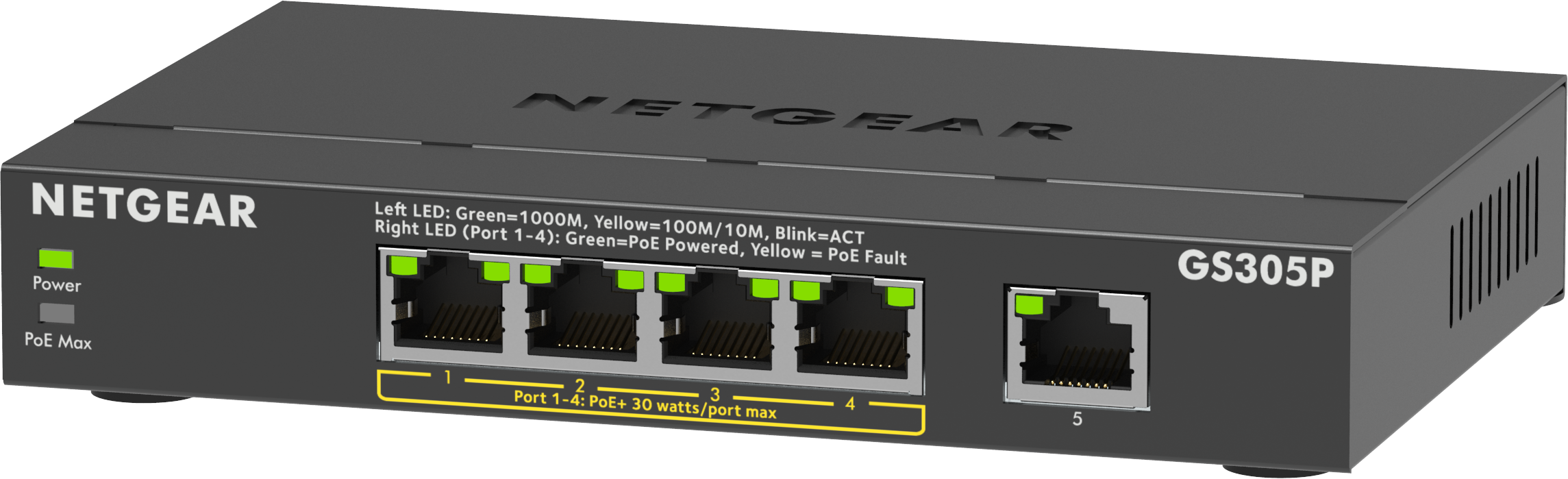 Schwarzer NETGEAR GS305P Switch mit fünf Ports, Strom- und PoE-Anzeigen, NETGEAR-Logo.