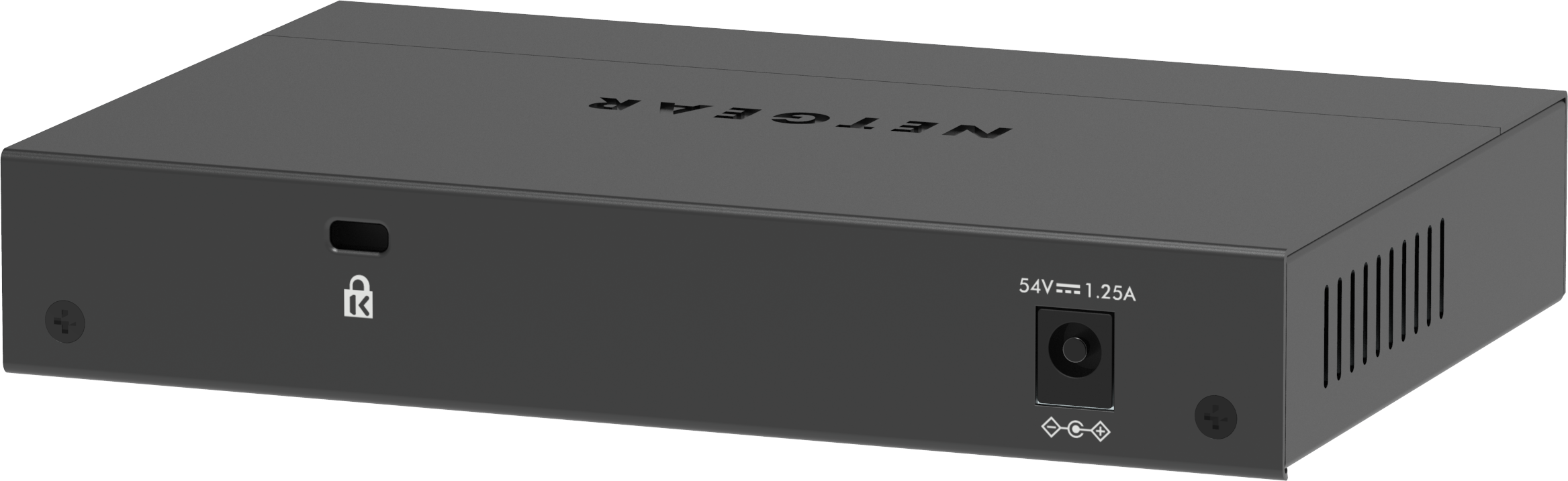 Ein schwarzes Netzwerkgerät mit Schloss-Symbol, Stromanschluss und NETGEAR.