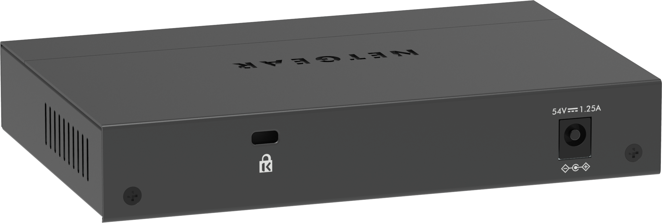 Schwarzes Netgear-Netzwerkgerät mit Schloss-Symbol, Stromeingang und Etiketten.