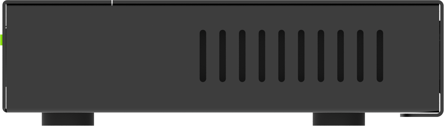 Seitenansicht eines schwarzen elektronischen Geräts mit Lüftungsschlitzen.